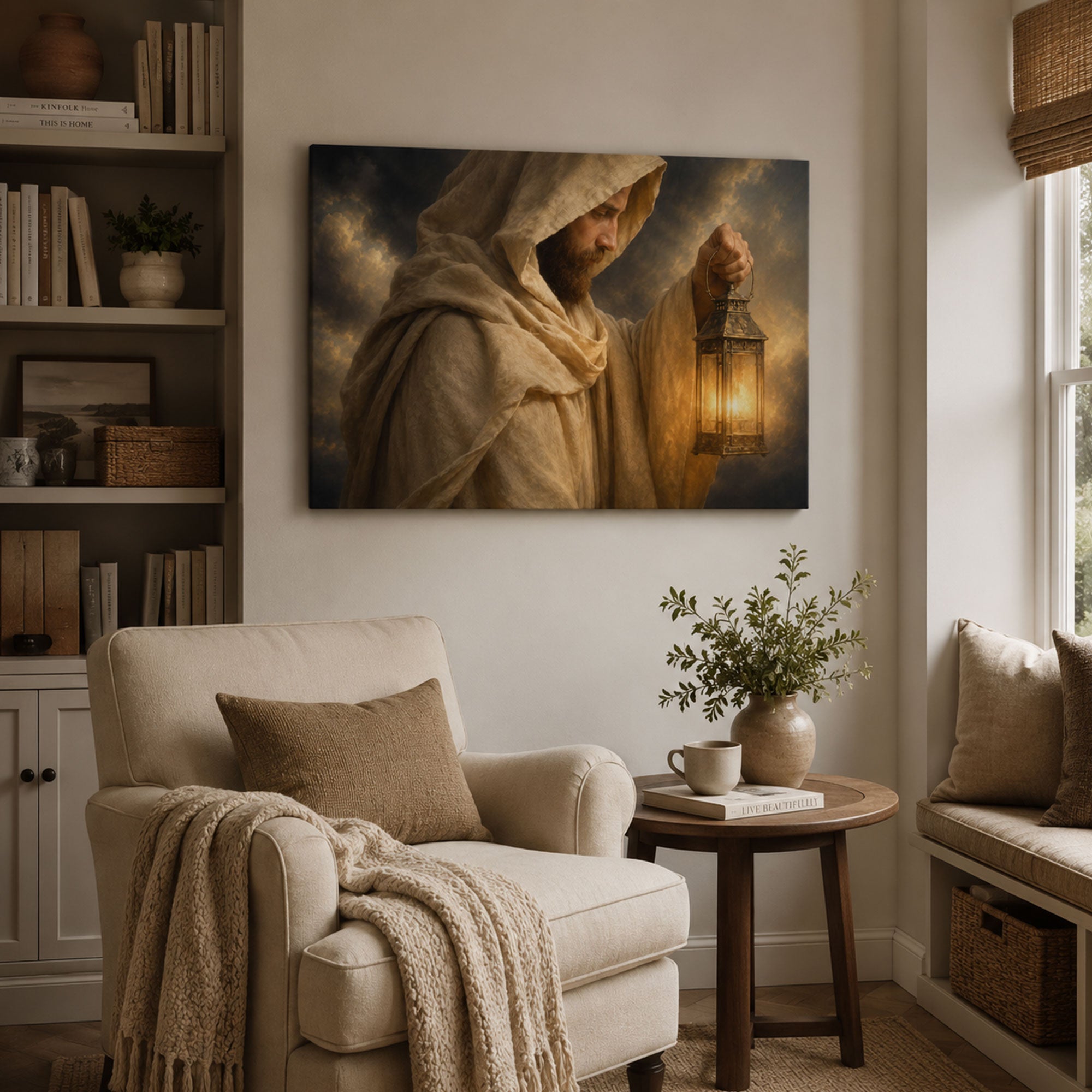 Jesus Holding Lantern Panoramic Canvas Print, Light of the World Christian Wall Art, Faith Home Decor Gift