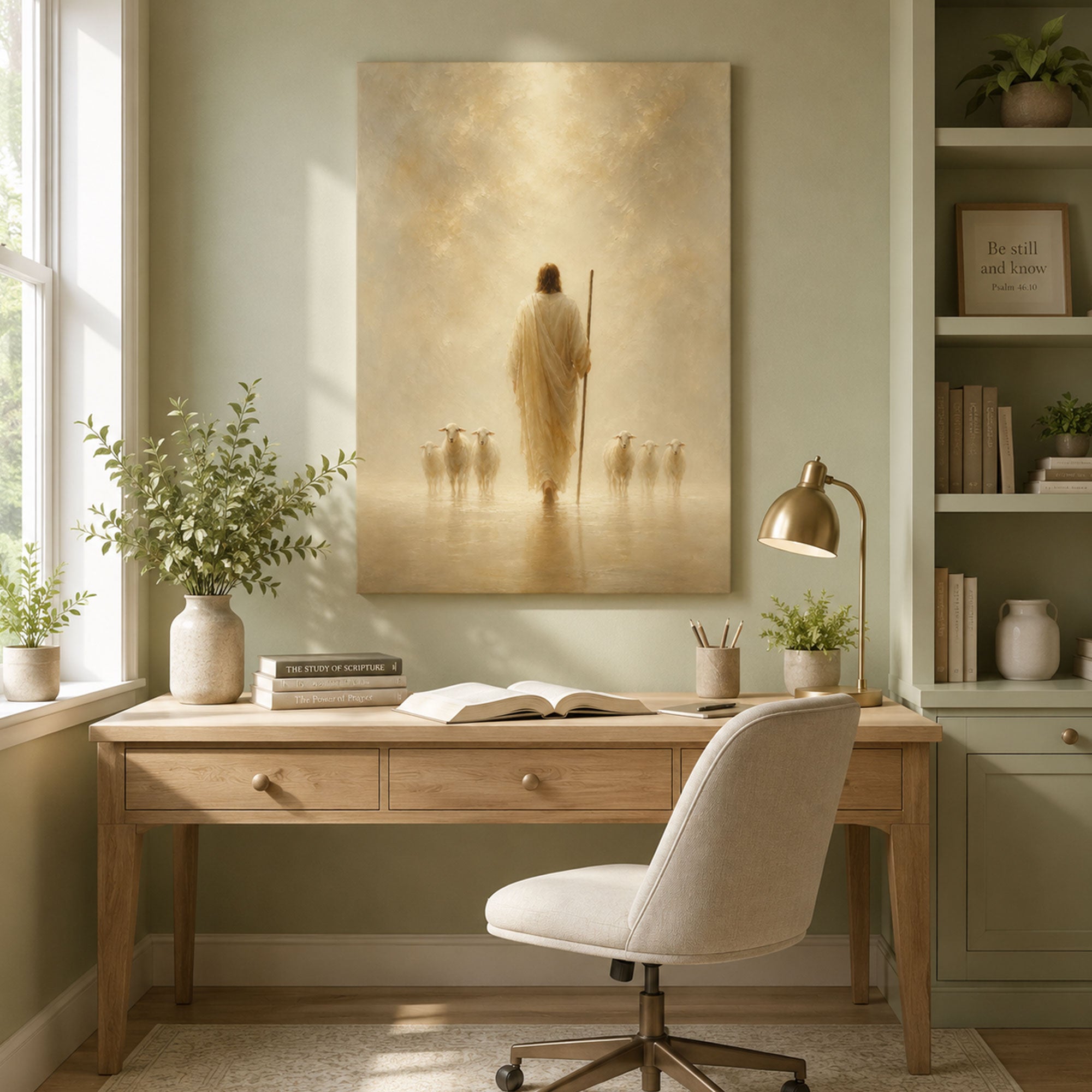 Jesus Shepherd Walking with Sheep Canvas Print, Peaceful Christian Wall Art, Spiritual Faith Home Decor