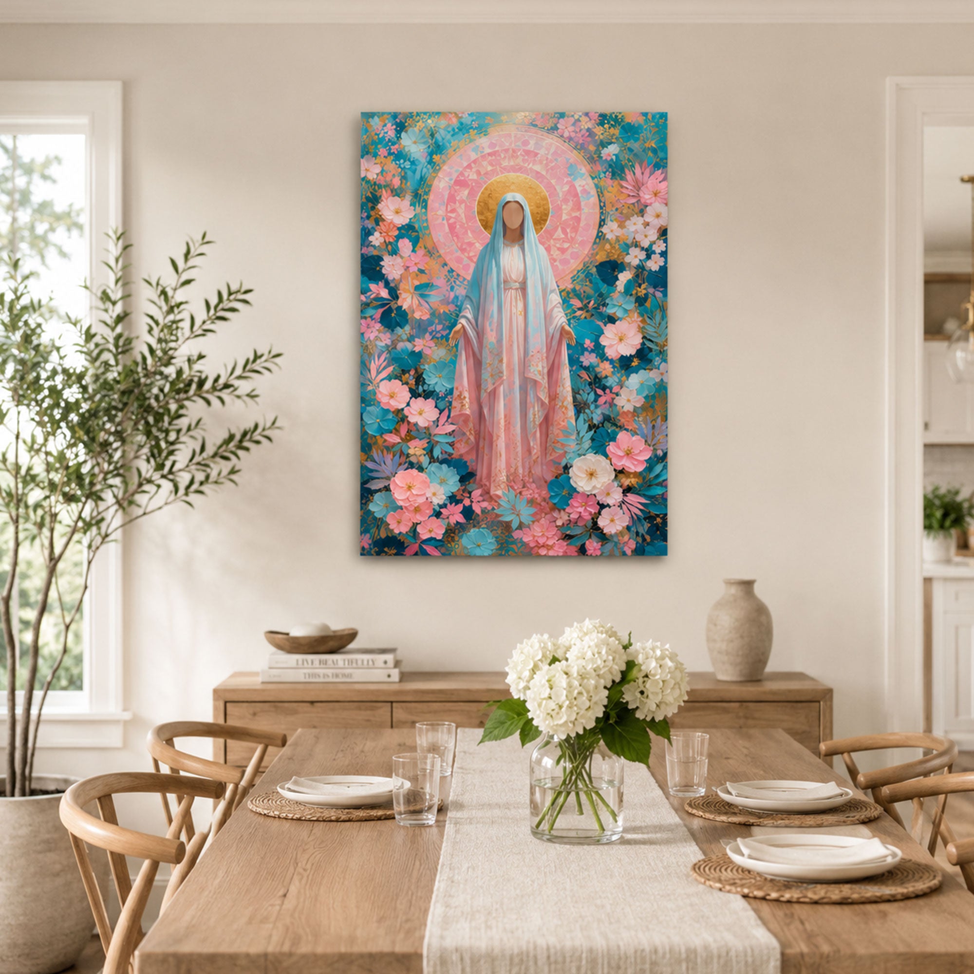 Our Lady of Grace Canvas Print, Floral Virgin Mary Catholic Wall Decor, Marian Faith Gift