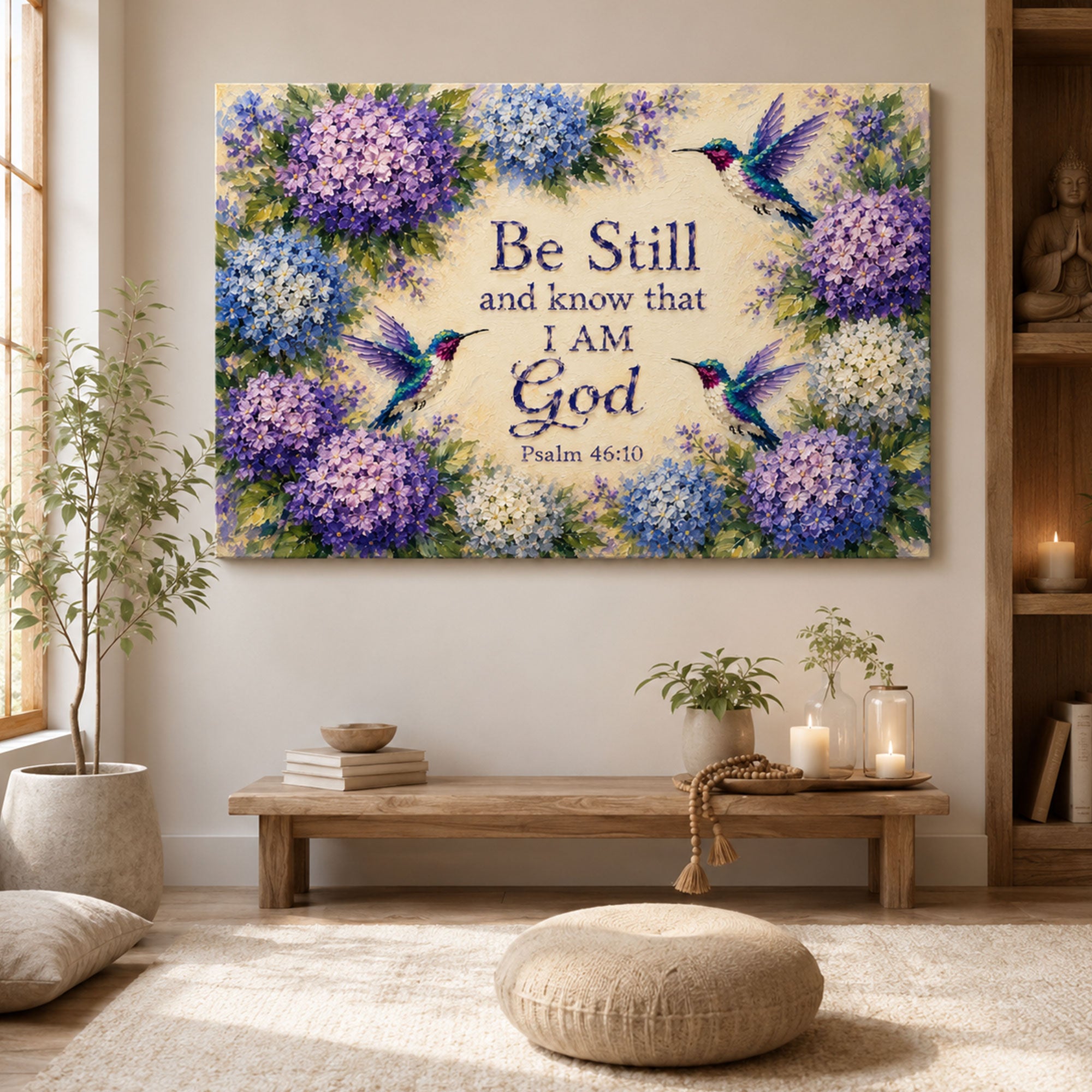 Be Still Psalm 46:10 Canvas Print, Hummingbird Floral Christian Scripture Wall Art, Peaceful Faith Home Decor