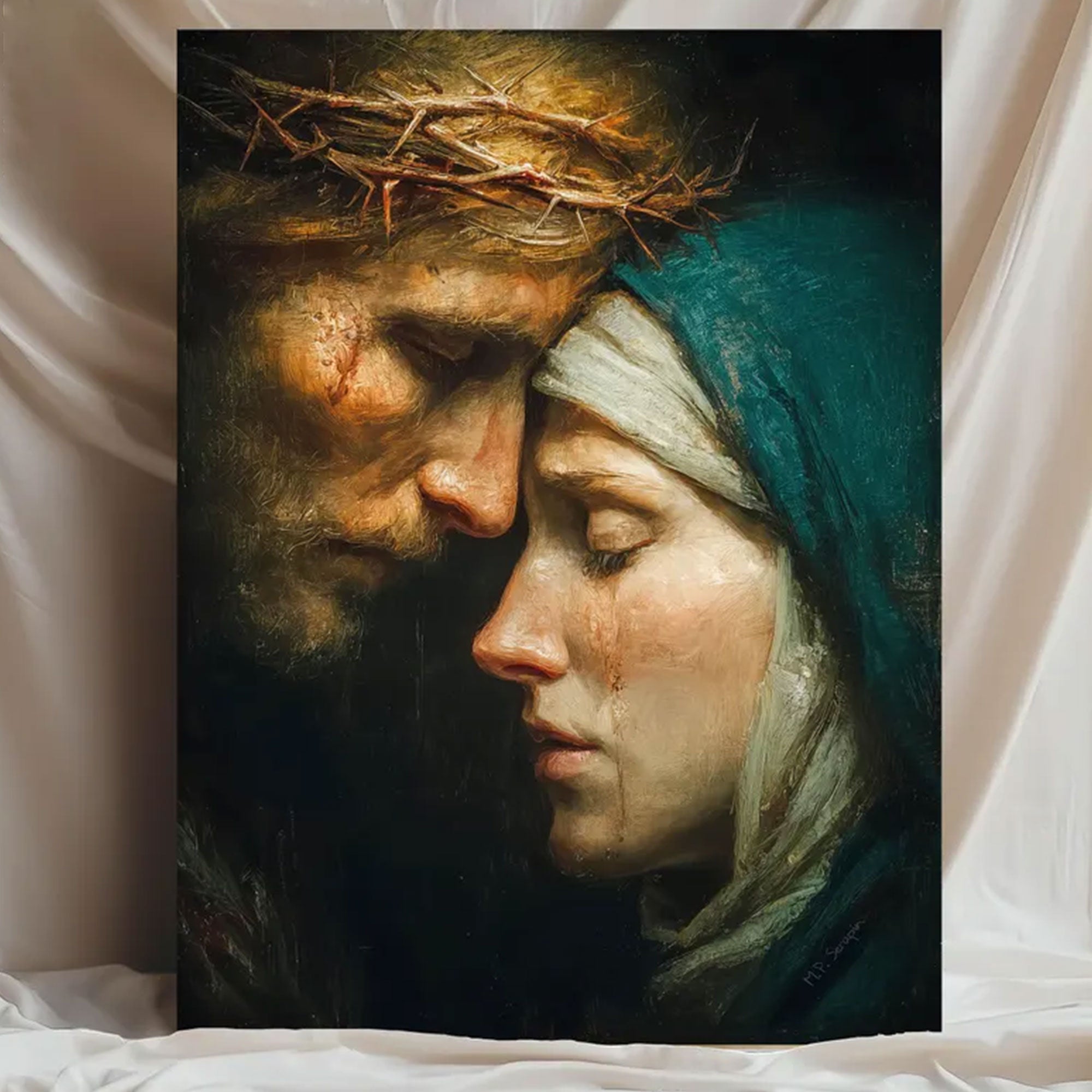 Jesus Mary Embrace Canvas Print, Goodbye Mother Artwork, Catholic Comfort Gift