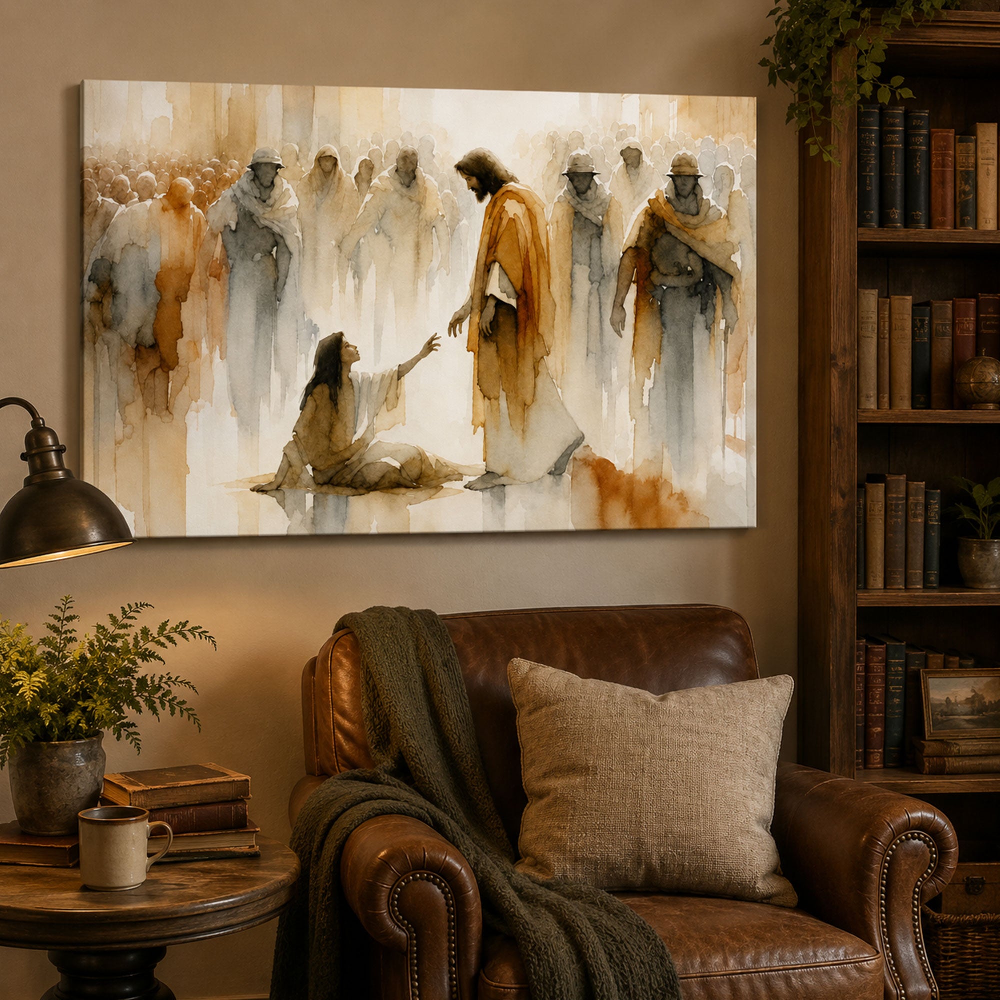 Jesus Heals the Woman Watercolor Canvas Print, Biblical Miracle Christian Wall Art, Inspirational Faith Decor