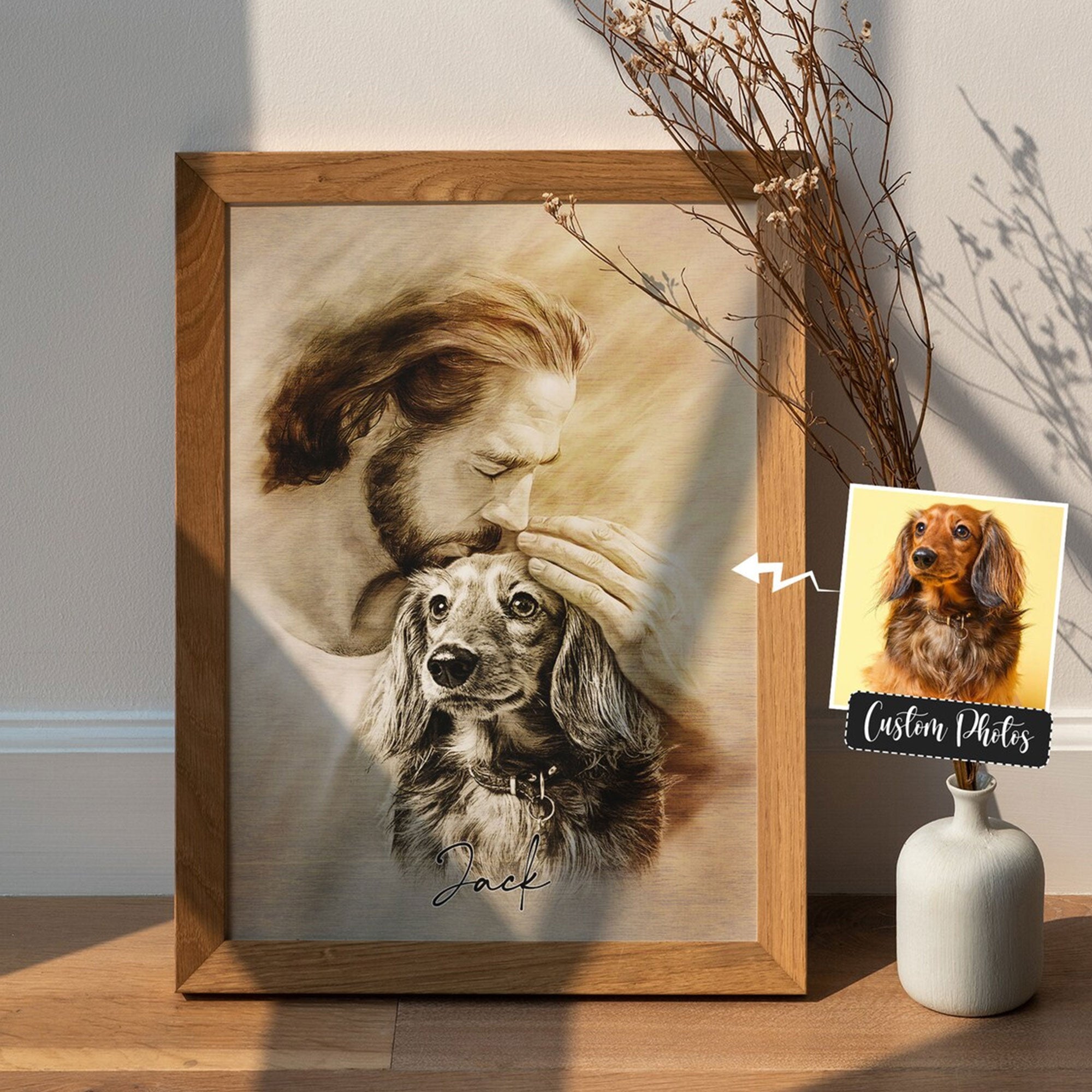 Personalized Jesus and Dog Memorial Canvas, Custom Pet Portrait, Sympathy Gift for Dog Loss