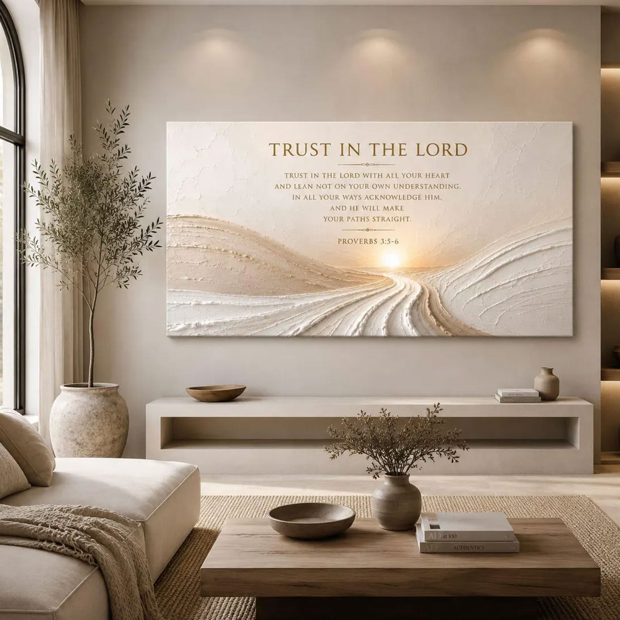 Trust In The Lord Canvas Print, Christian Bible Verse Wall Art, Neutral Minimalist Faith Home Decor