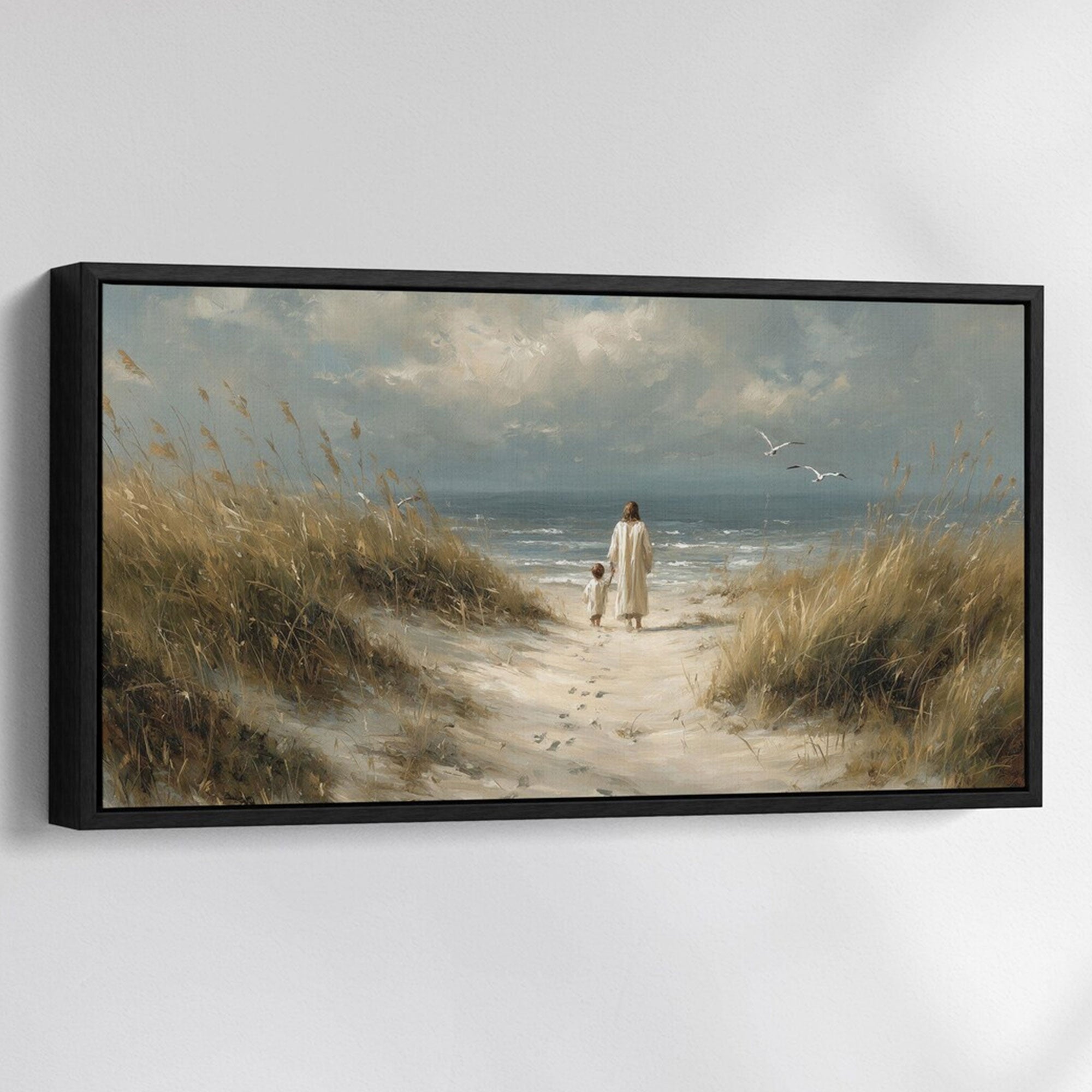 Jesus and Child Beach Canvas Print, Christian Coastal Wall Art, Faith Family Decor, Biblical Gift