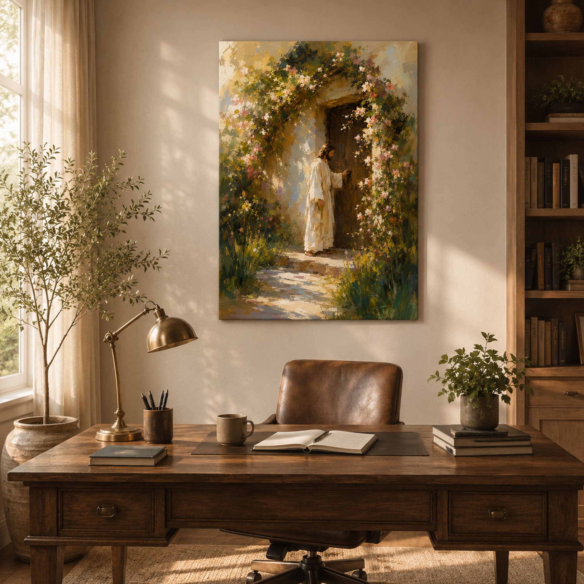 Jesus Knocking at the Door Canvas Print, Floral Christian Wall Art, Faith Home Decor