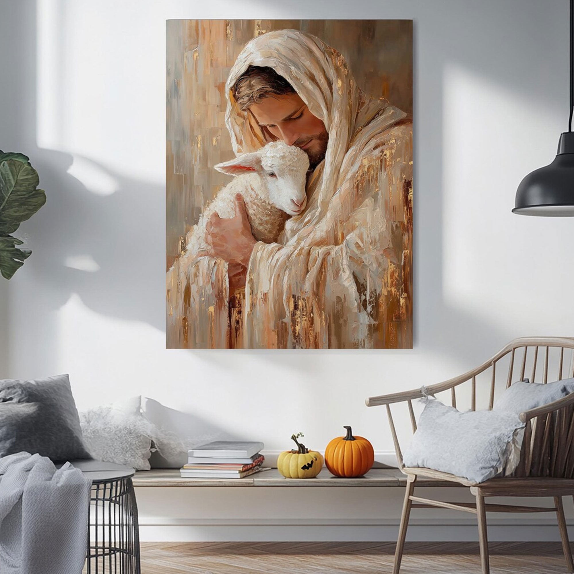 Jesus Hugging Lamb Canvas Print, Christian Wall Art, Good Shepherd Artwork, Religious Home Decor Gift