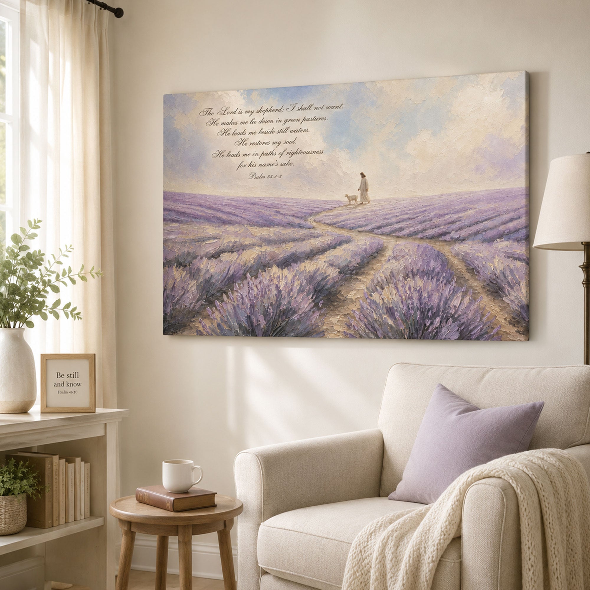 Psalm 23:1-3 Good Shepherd in Lavender Field Canvas Print, Christian Home Decor
