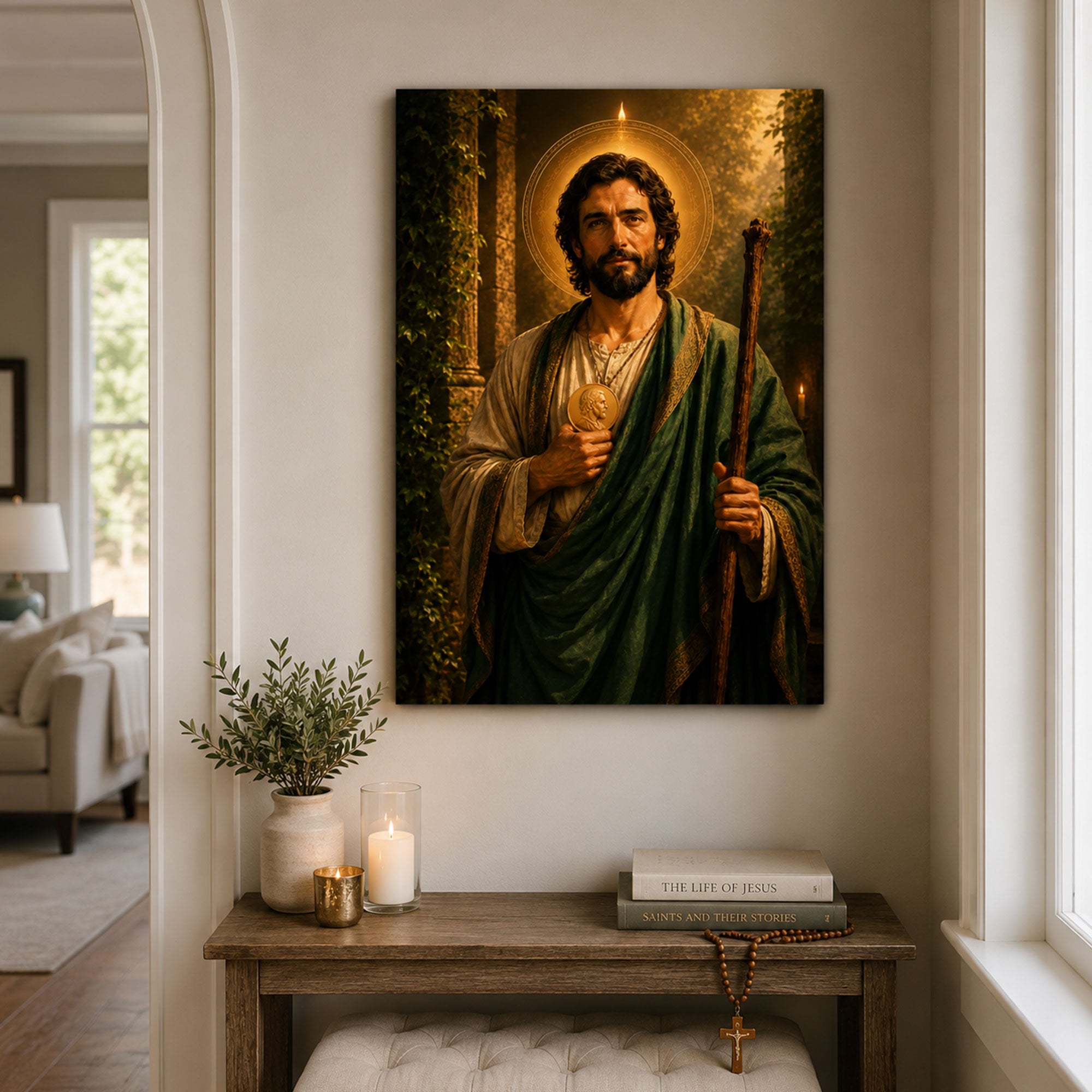 Saint Jude Thaddeus with Medallion Canvas Print, Green Catholic Decor