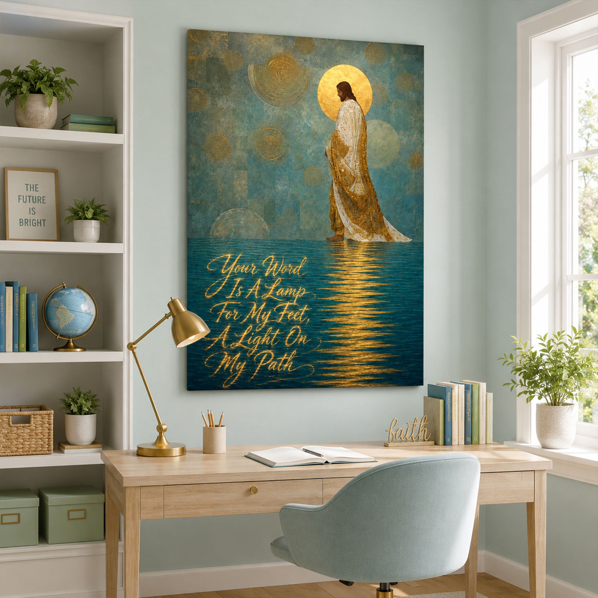 Your Word Is a Lamp for My Feet Canvas Print, Gustav Klimt Inspired Christian Wall Art, Golden Scripture Faith Decor