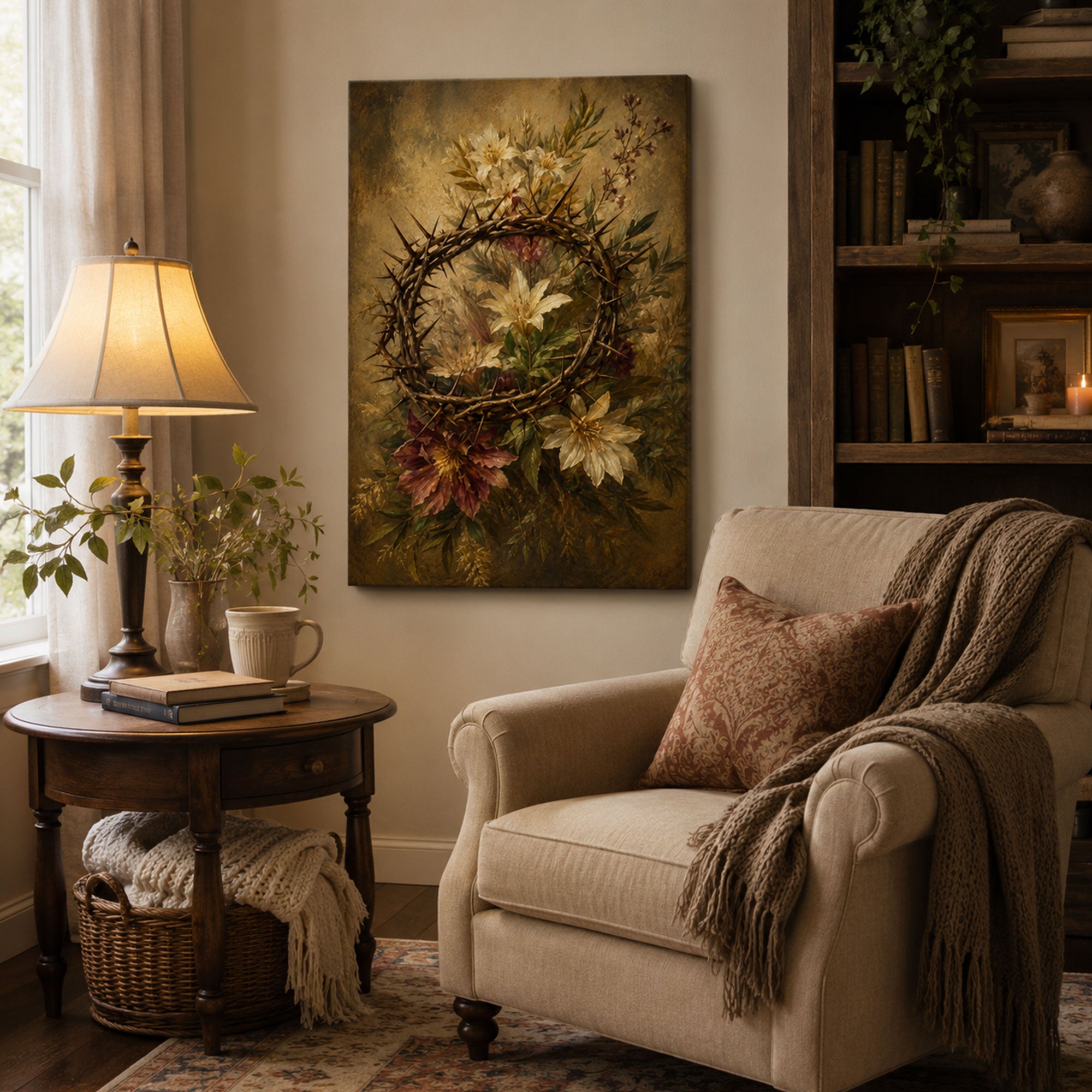Crown of Thorns Floral Canvas Print, Christian Passion Wall Art, Faith Home Decor Gift
