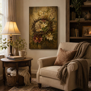 Crown of Thorns Floral Canvas Print, Christian Passion Wall Art, Faith Home Decor Gift