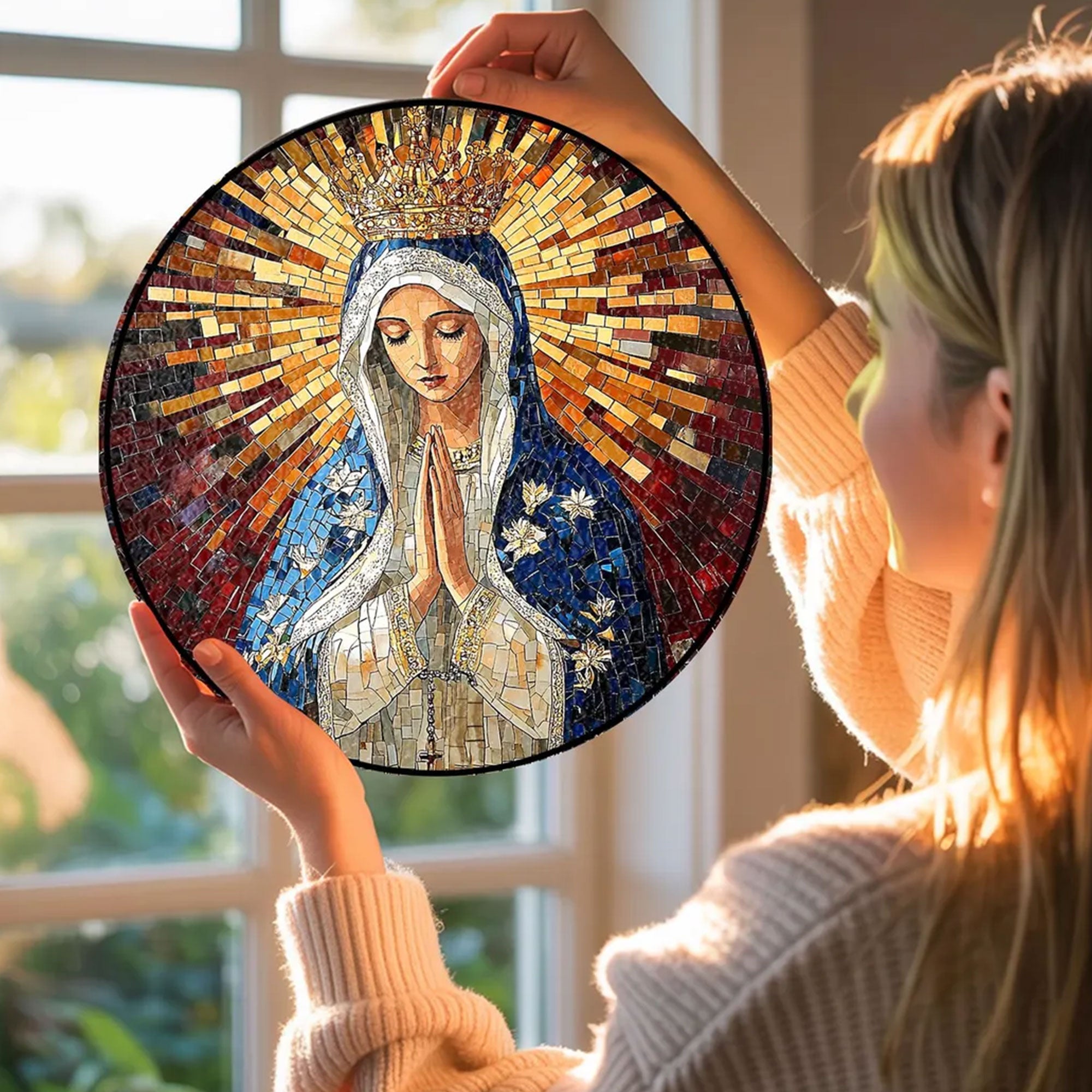 Blessed Virgin Mary Stained Glass Suncatcher, Praying Madonna Window Hanging, Catholic Religious Decor, Faith Gift