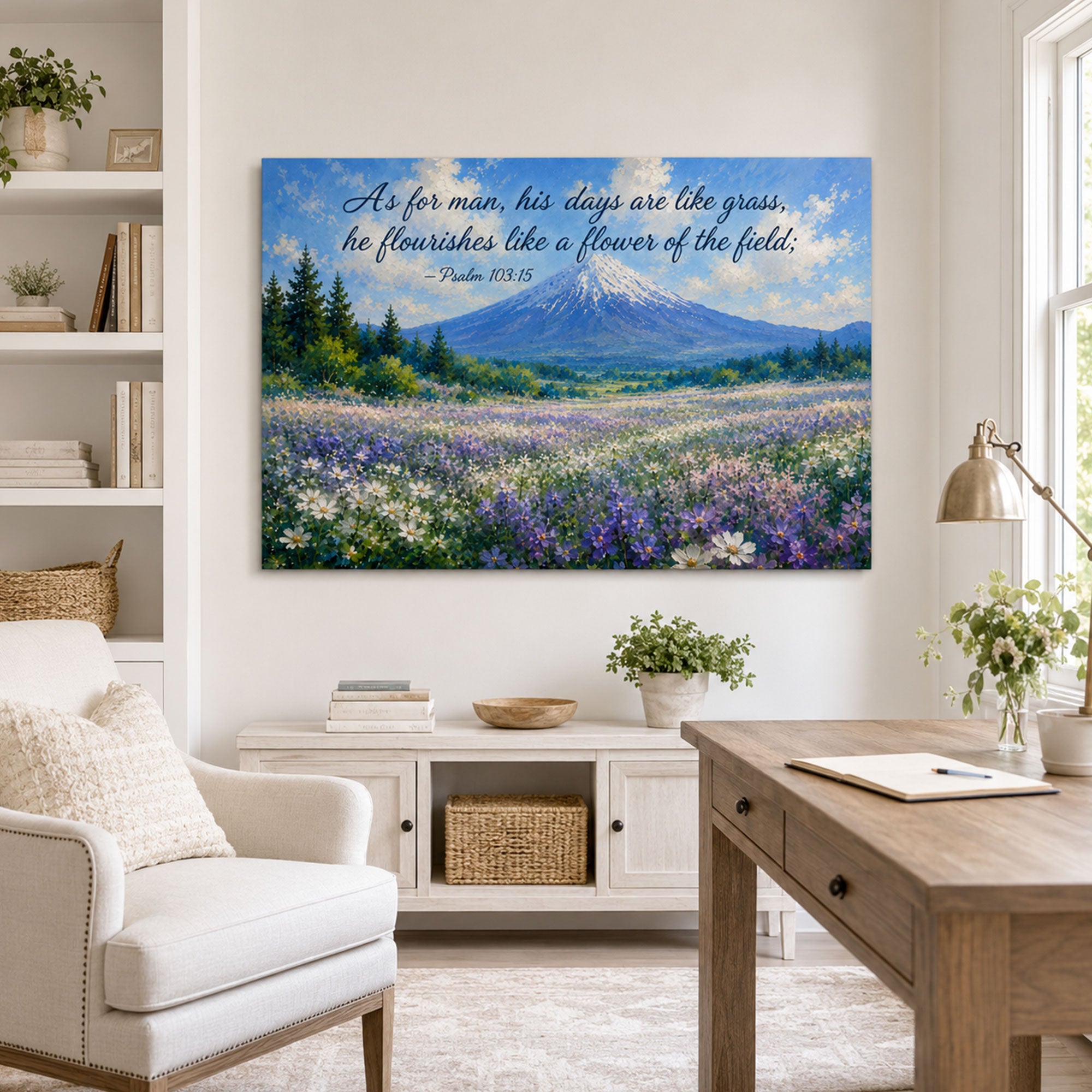 Psalm 103:15 Canvas Print, Mount Fuji Wildflower Bible Verse, Christian Wall Decor