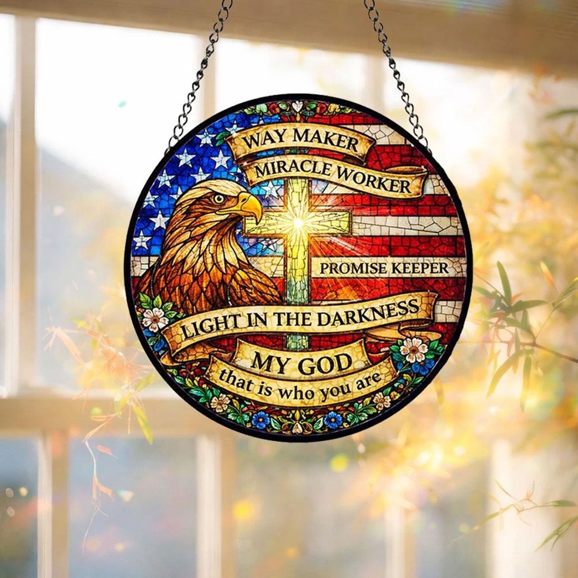 Eagle Cross Stained Glass Suncatcher, Christian Patriotic Window Hanging, Way Maker Scripture Faith Gift, American Flag Decor