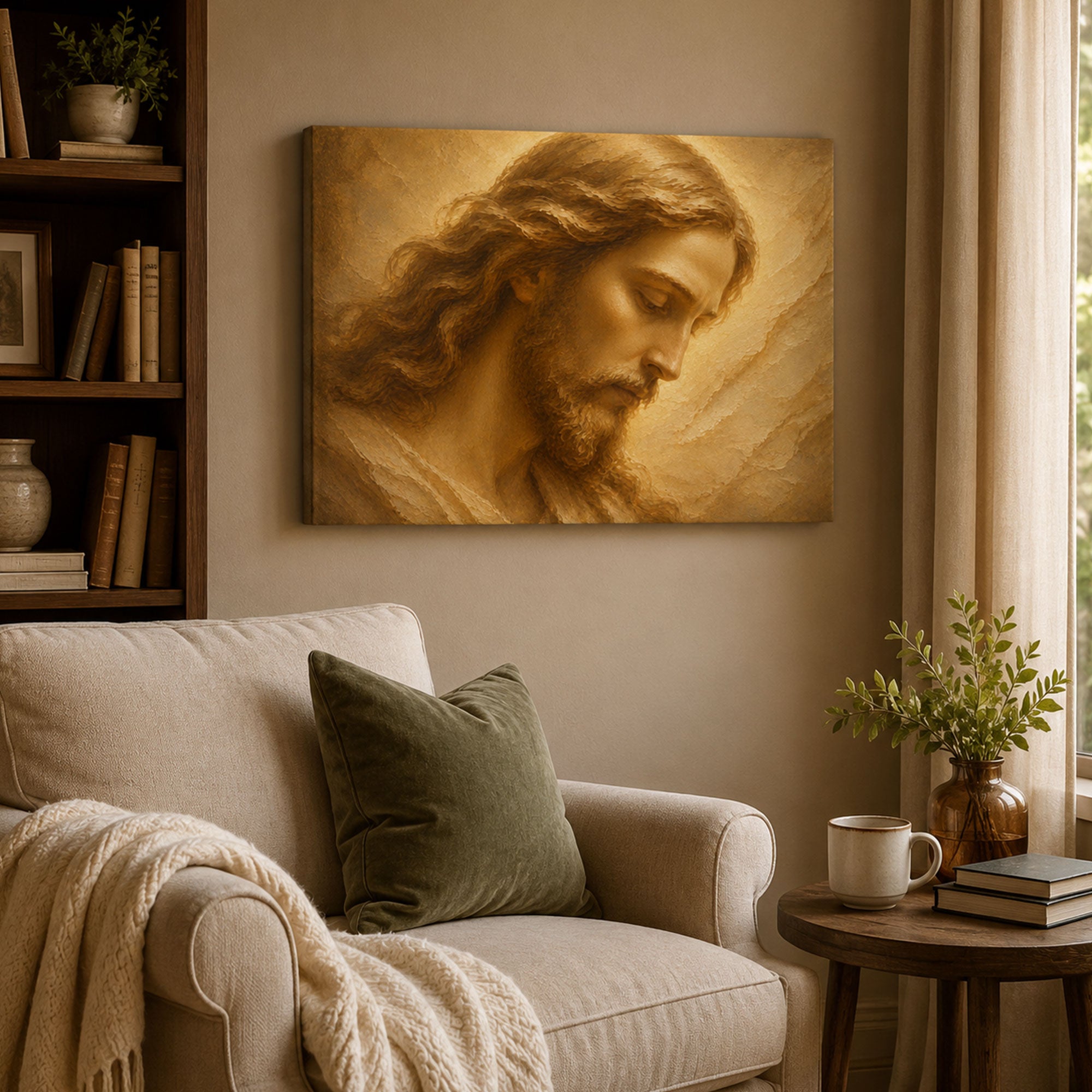 Jesus Christ Portrait Panoramic Canvas Print, Soft Gold Christian Wall Art, Faith Home Decor Gift