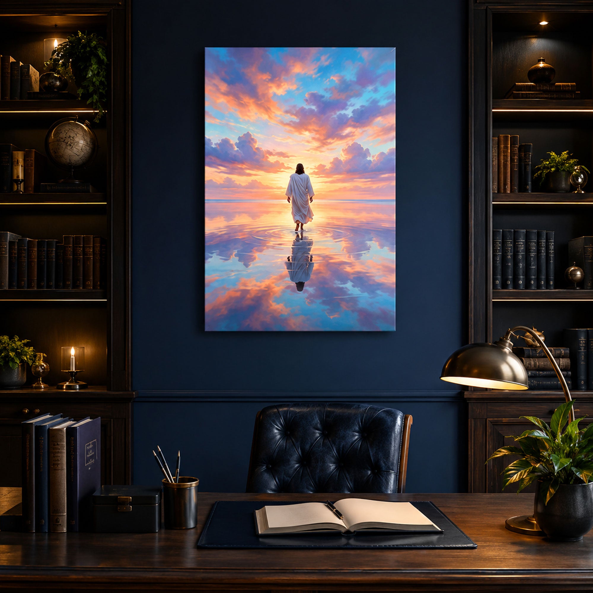 Jesus Light Over the Sea Canvas Print, Christian Ocean Miracle Wall Art, Heavenly Glow Faith Decor