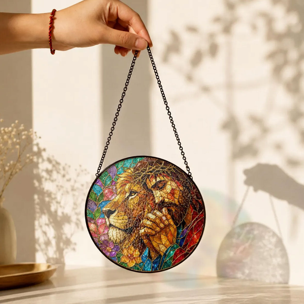 Jesus and Lion of Judah Suncatcher, Crown of Thorns Christian Window Hanging, Faith Gift