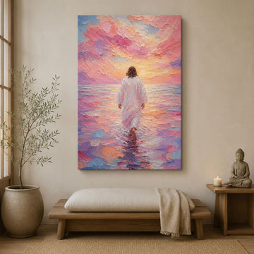 Jesus Walking on Water Canvas Print, Pastel Ocean Christian Wall Art, Faith and Peace Home Decor