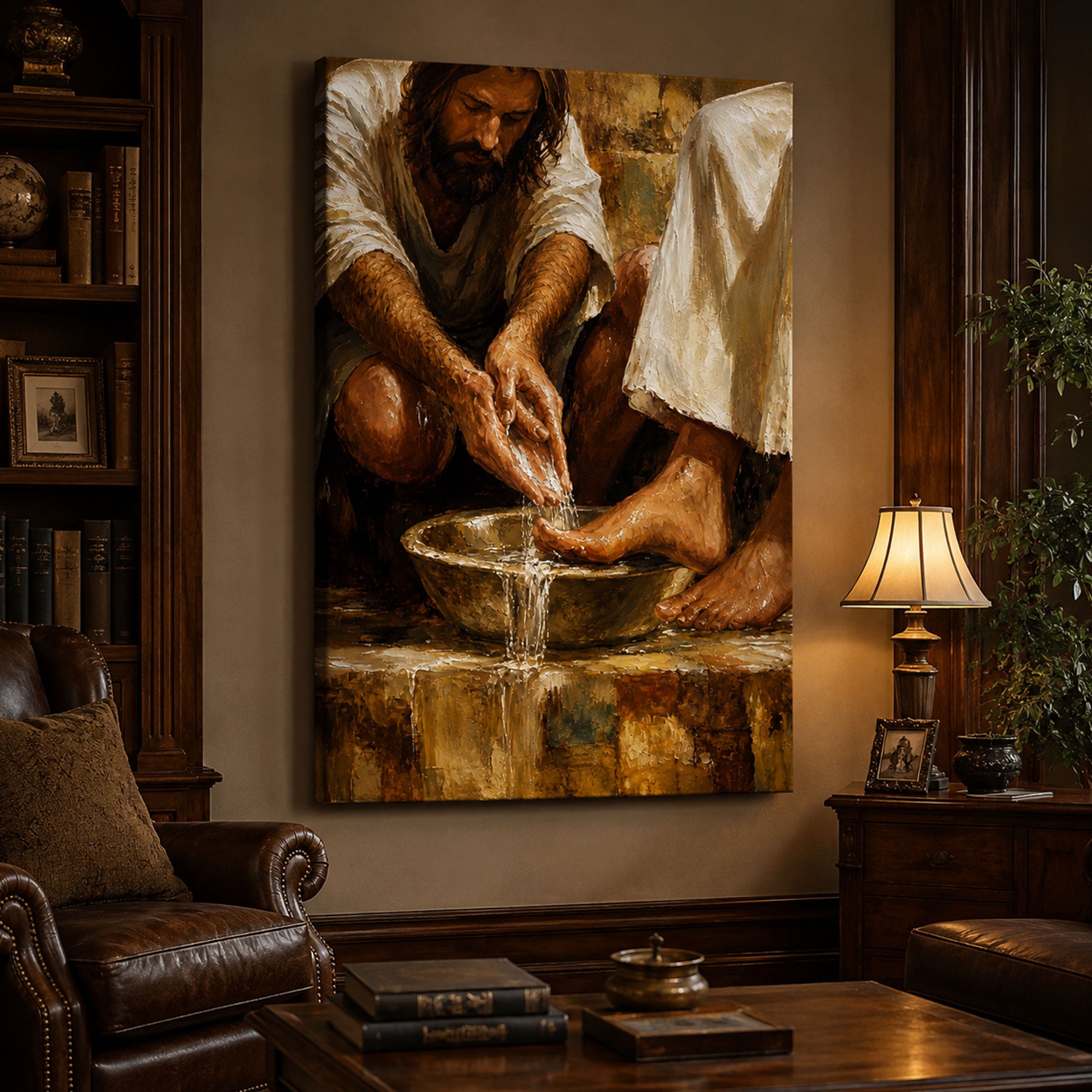 Jesus Washing Feet Canvas Print, Christian Bible Wall Art, Humility and Faith Home Decor