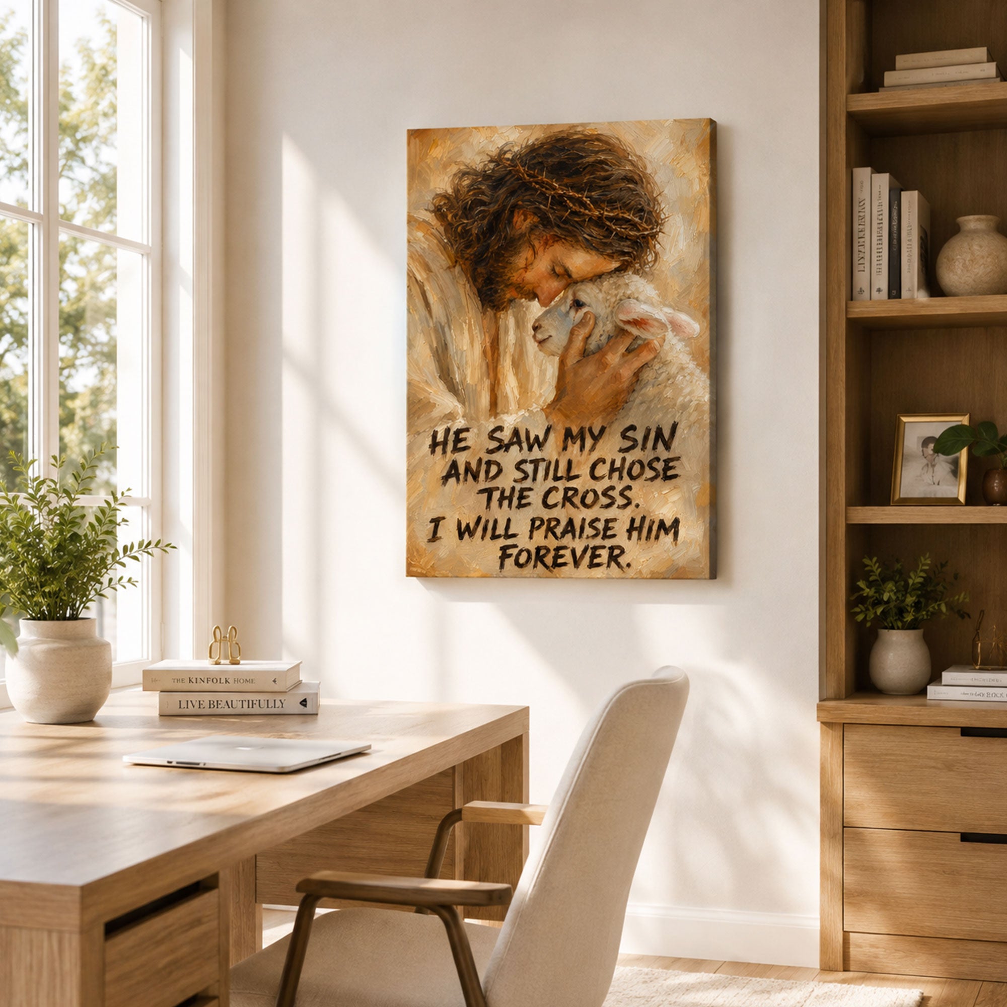 He Saw My Sin and Still Chose the Cross Canvas Print, Jesus and Lamb Christian Wall Decor, Faith Gift