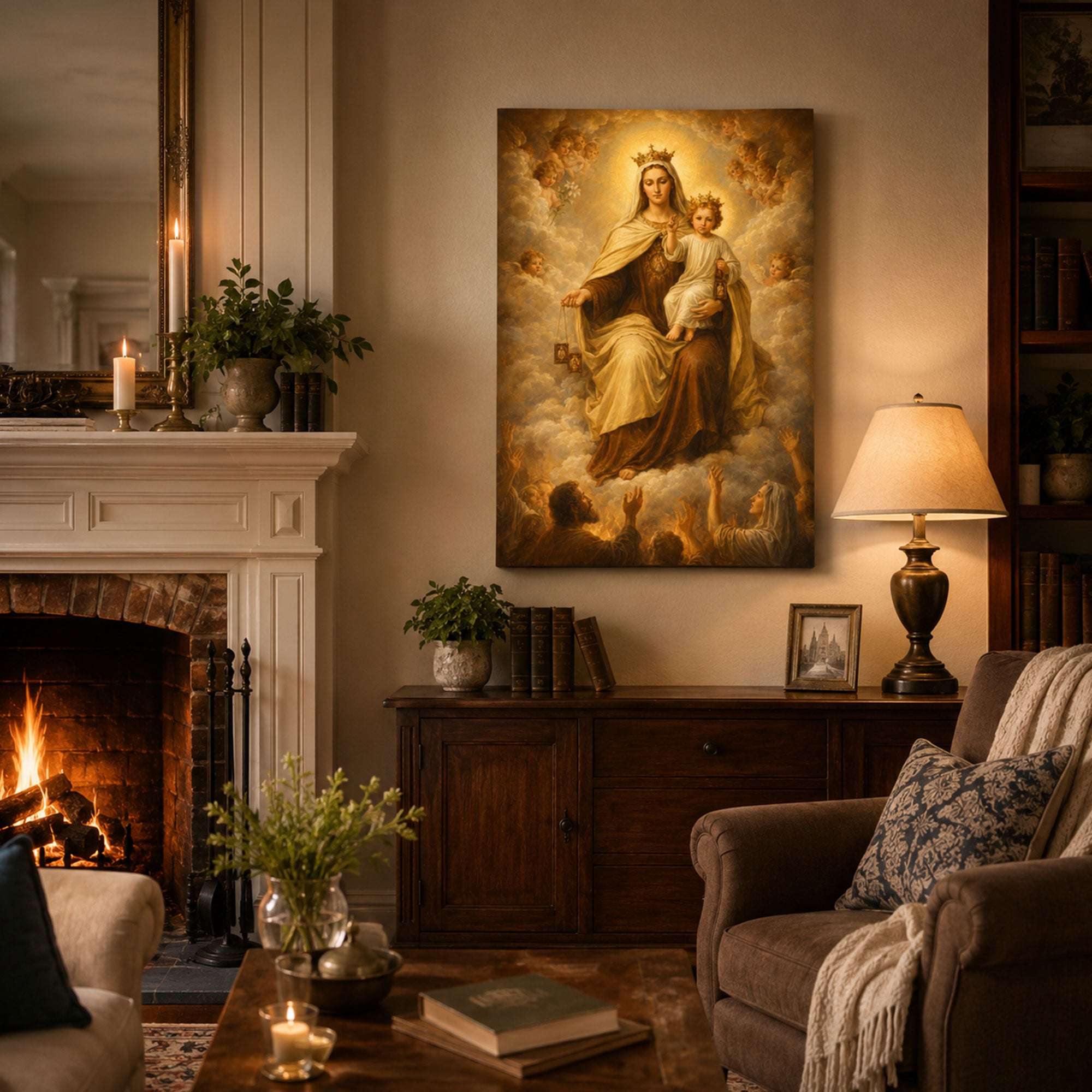 Our Lady of Mount Carmel Canvas Print, Virgin Mary with Child Jesus Catholic Wall Art, Faith Home Decor Gift