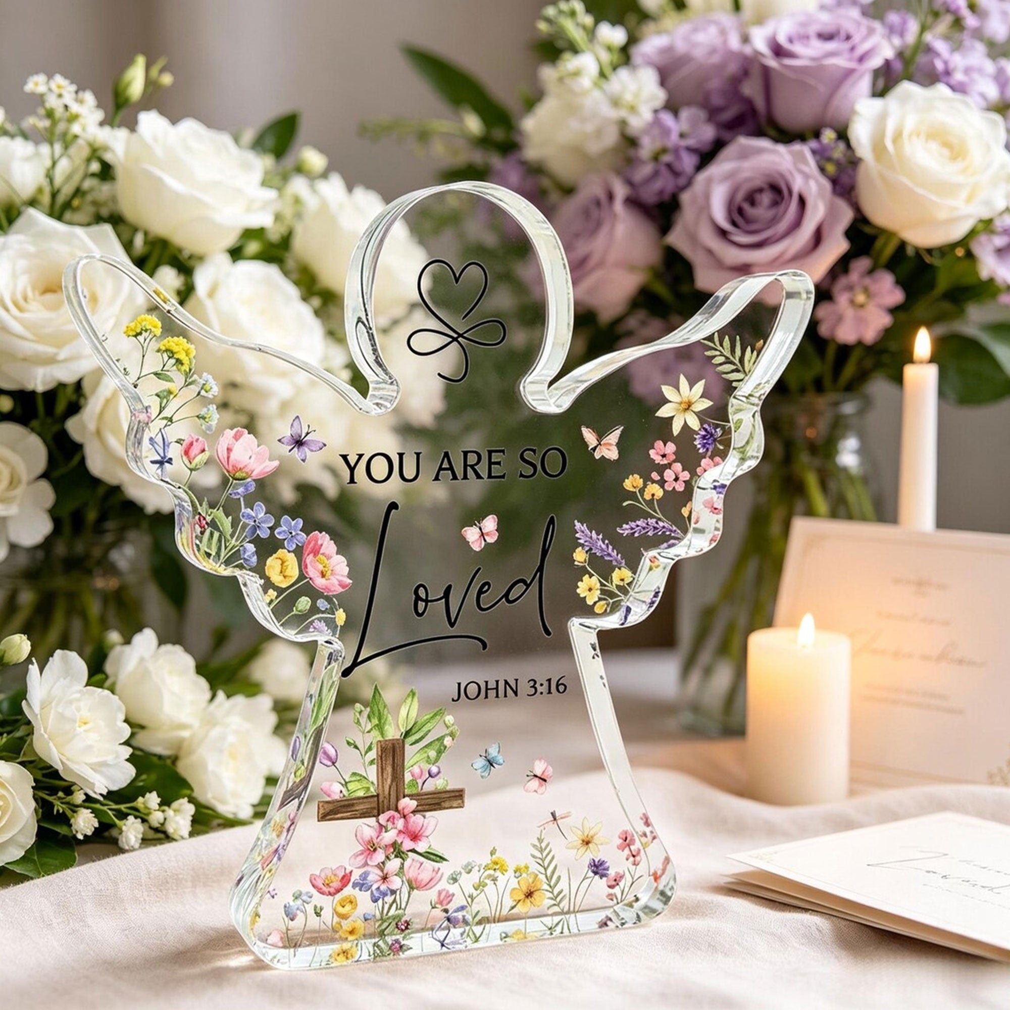 You Are So Loved Angel Acrylic Desk Plaque, John 3:16 Christian Gift, Floral Cross Faith Decor