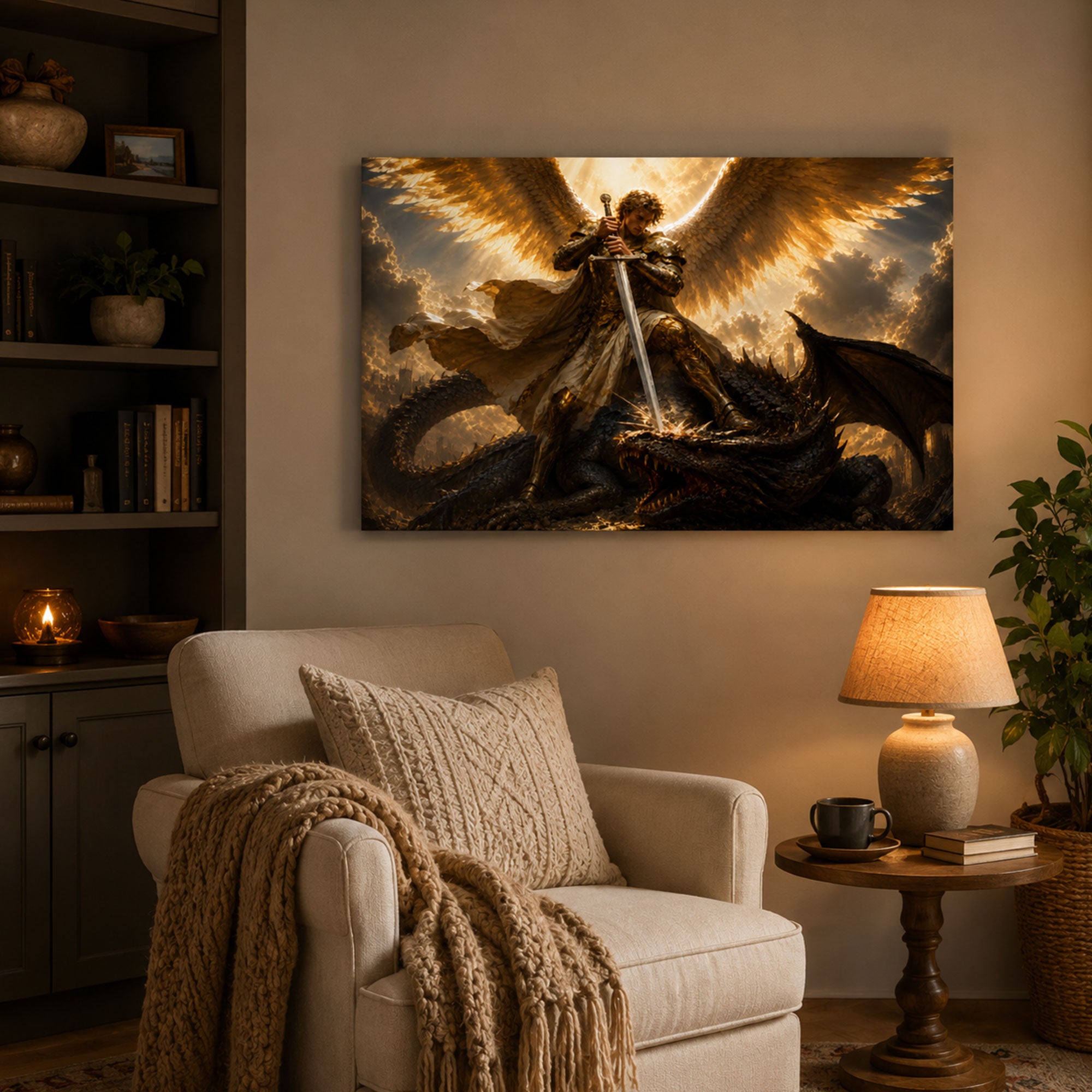Saint Michael Defeating the Dragon Canvas Print, Dramatic Catholic Wall Decor