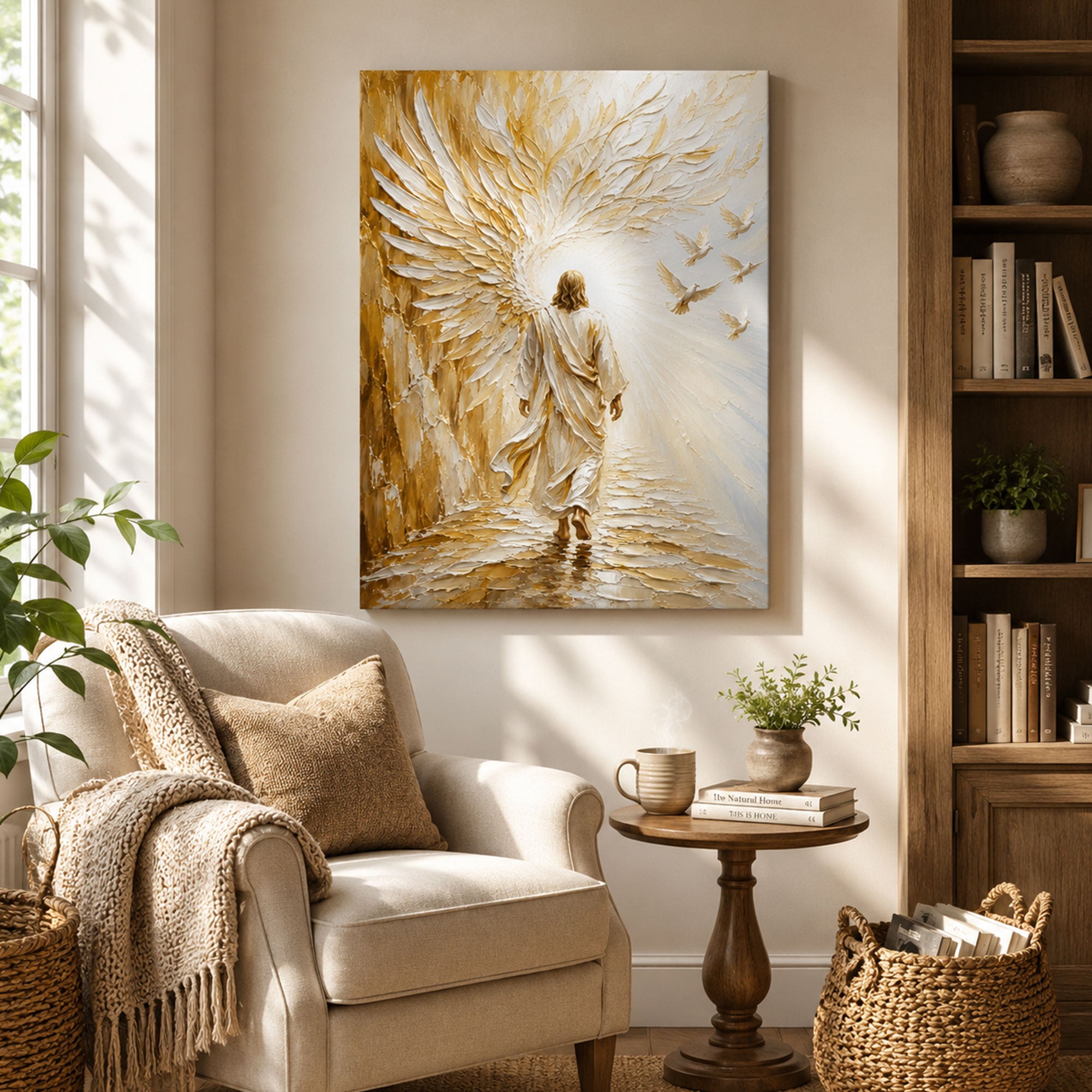 Jesus Walking into Heaven Canvas Print, White Gold Christian Wall Art, Faith Home Decor Gift