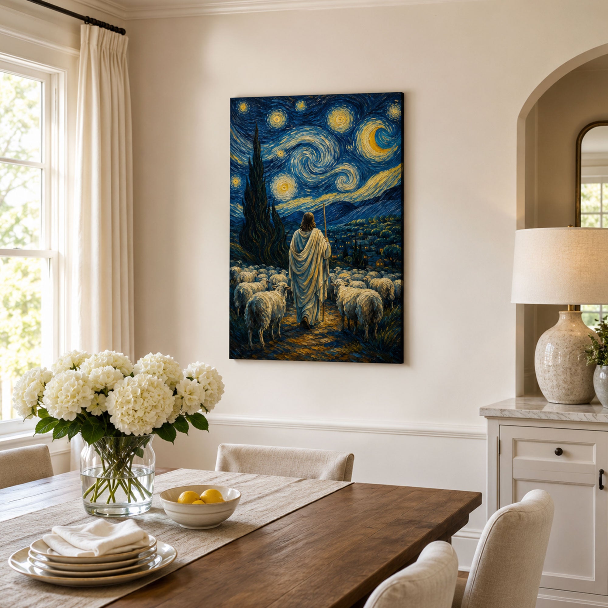 Jesus the Good Shepherd Starry Night Canvas Print, Christian Faith Decor