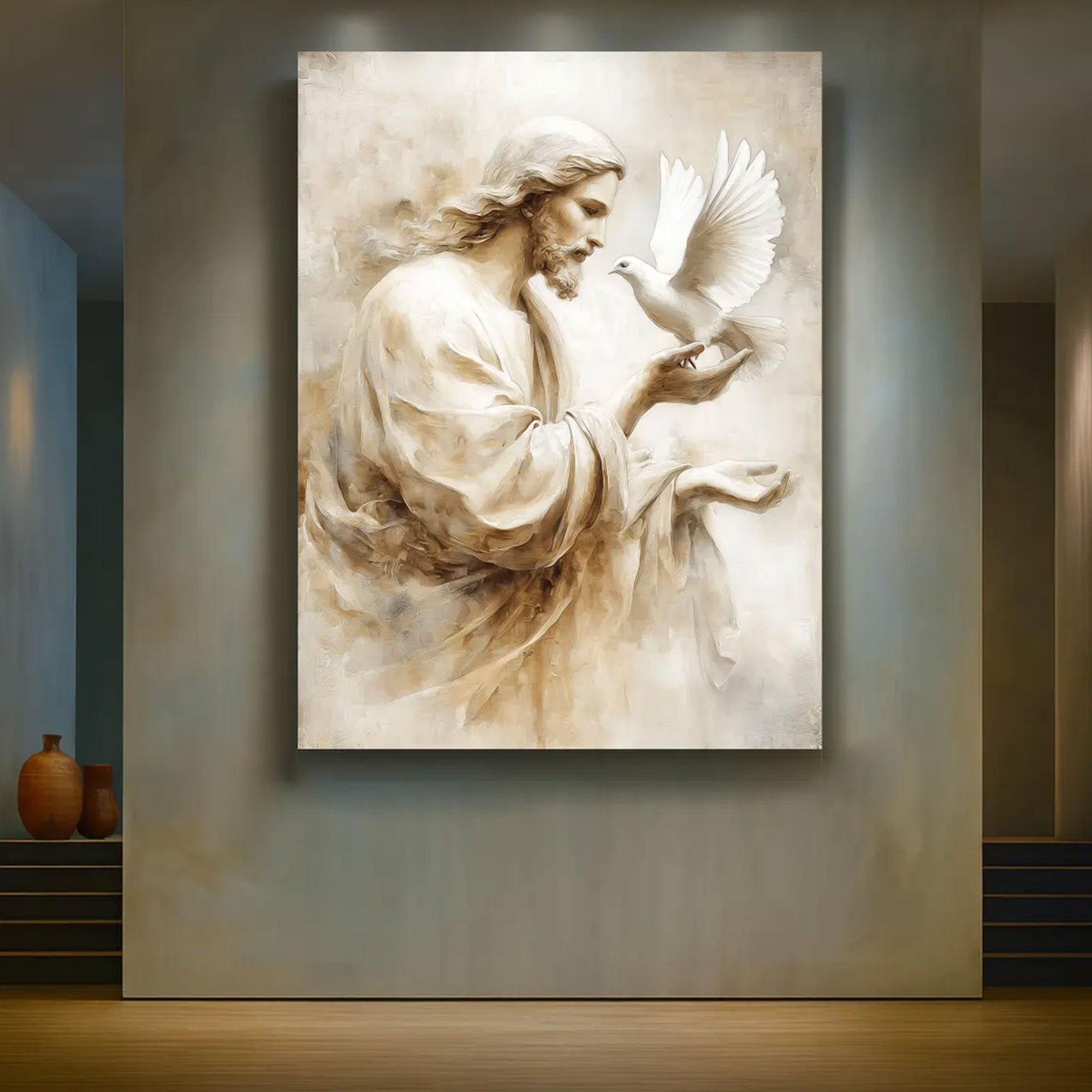 Jesus with Dove Canvas Wall Art, Holy Spirit Neutral Texture Painting, Christian Faith Home Decor