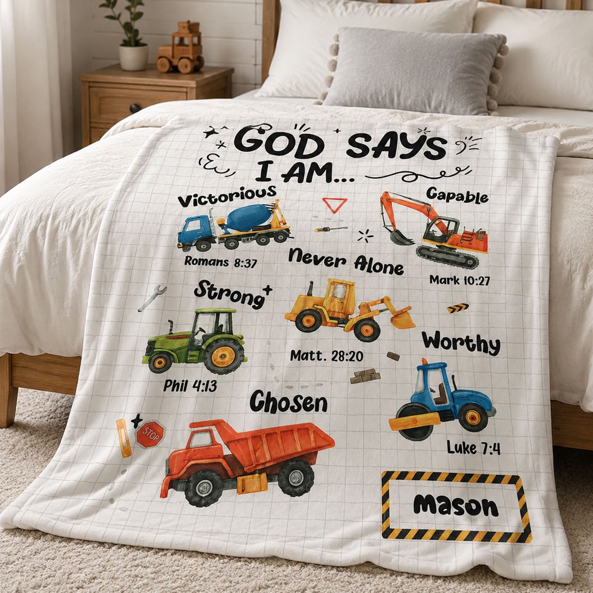 Personalized God Says I Am Construction Fleece Blanket, Christian Bible Verse Throw, Faith Gift for Boys