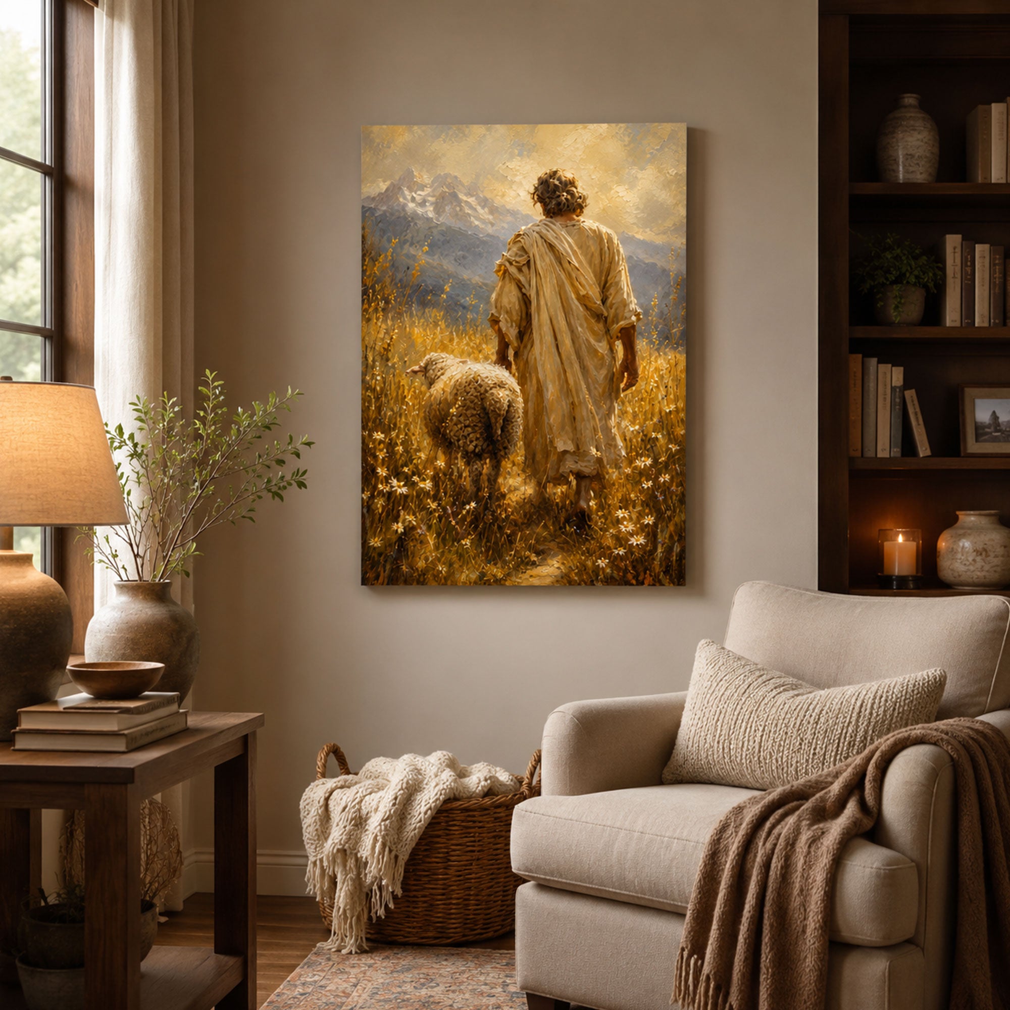 Good Shepherd Jesus Canvas Print, Jesus with Lamb Christian Wall Art, Faith Home Decor Gift