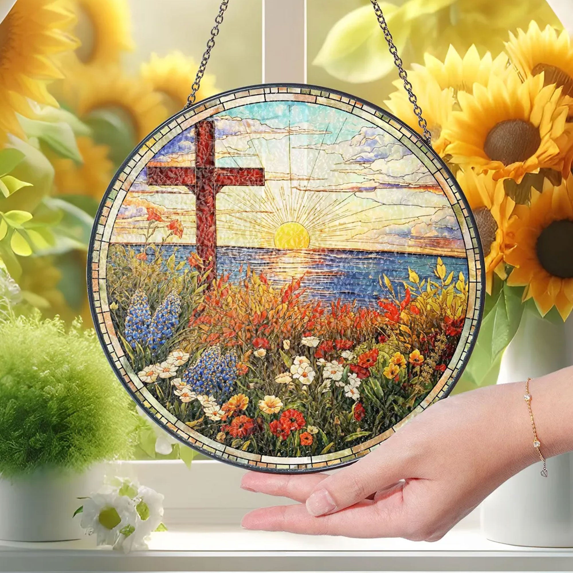 Christian Cross Stained Glass Suncatcher, Religious Window Hanging Decor, Faith Gift, Handmade Home Ornament