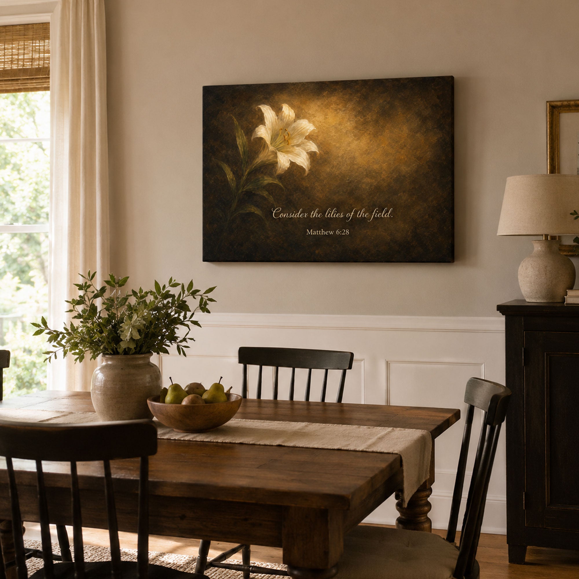 Consider the Lilies Canvas Print, Matthew 6:28 Bible Verse Wall Art, Christian Floral Home Decor Gift