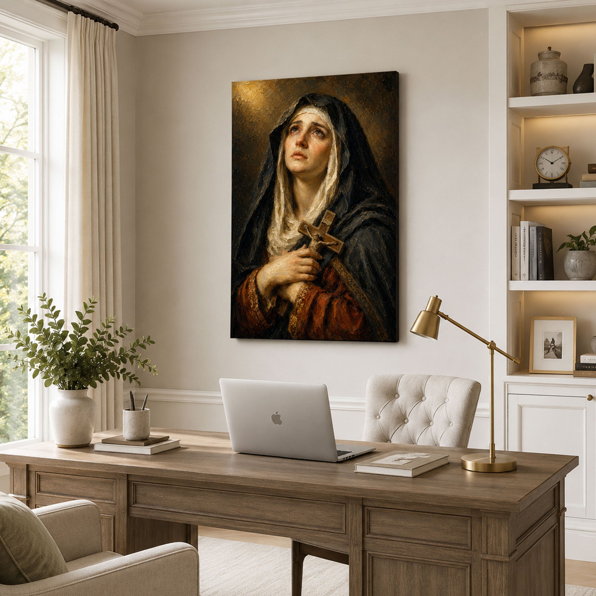 Our Lady of Sorrows Canvas Print, Virgin Mary Holding Crucifix Catholic Wall Decor, Marian Faith Gift