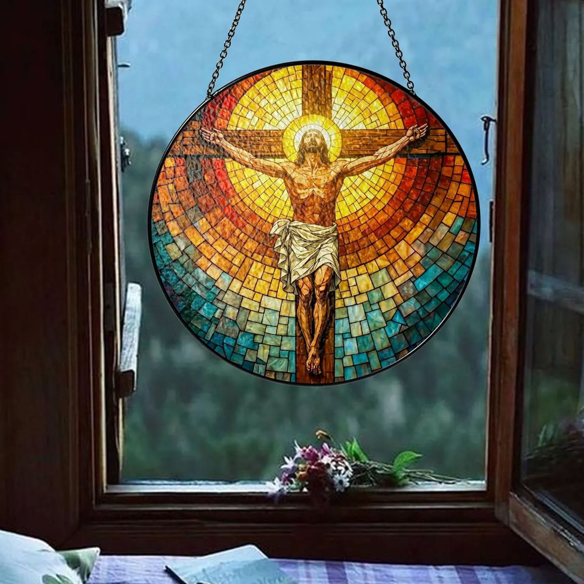 Jesus Crucifix Stained Glass Suncatcher, Christian Window Hanging, Cross Decor Gift for Home