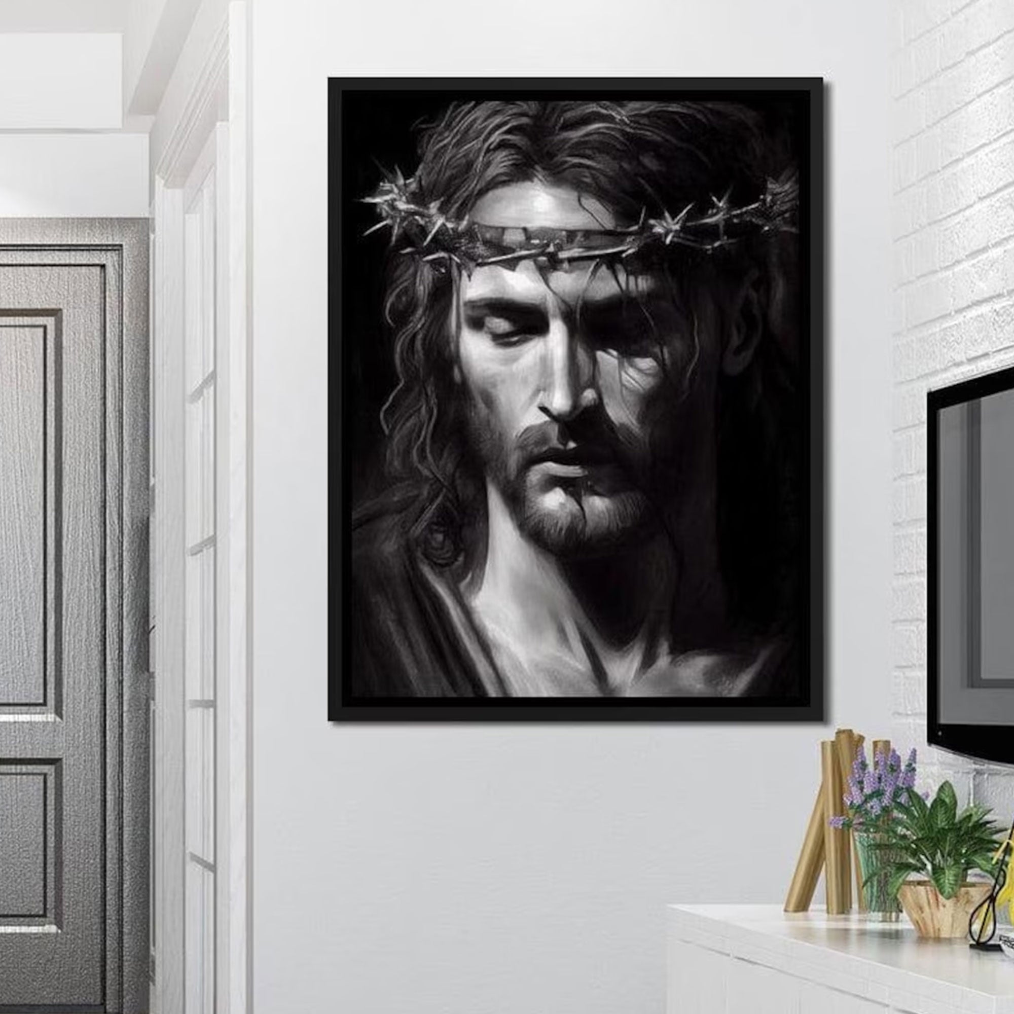 Black & White Jesus Portrait Canvas Print, Crown of Thorns Christian Wall Art, Minimalist Religious Decor