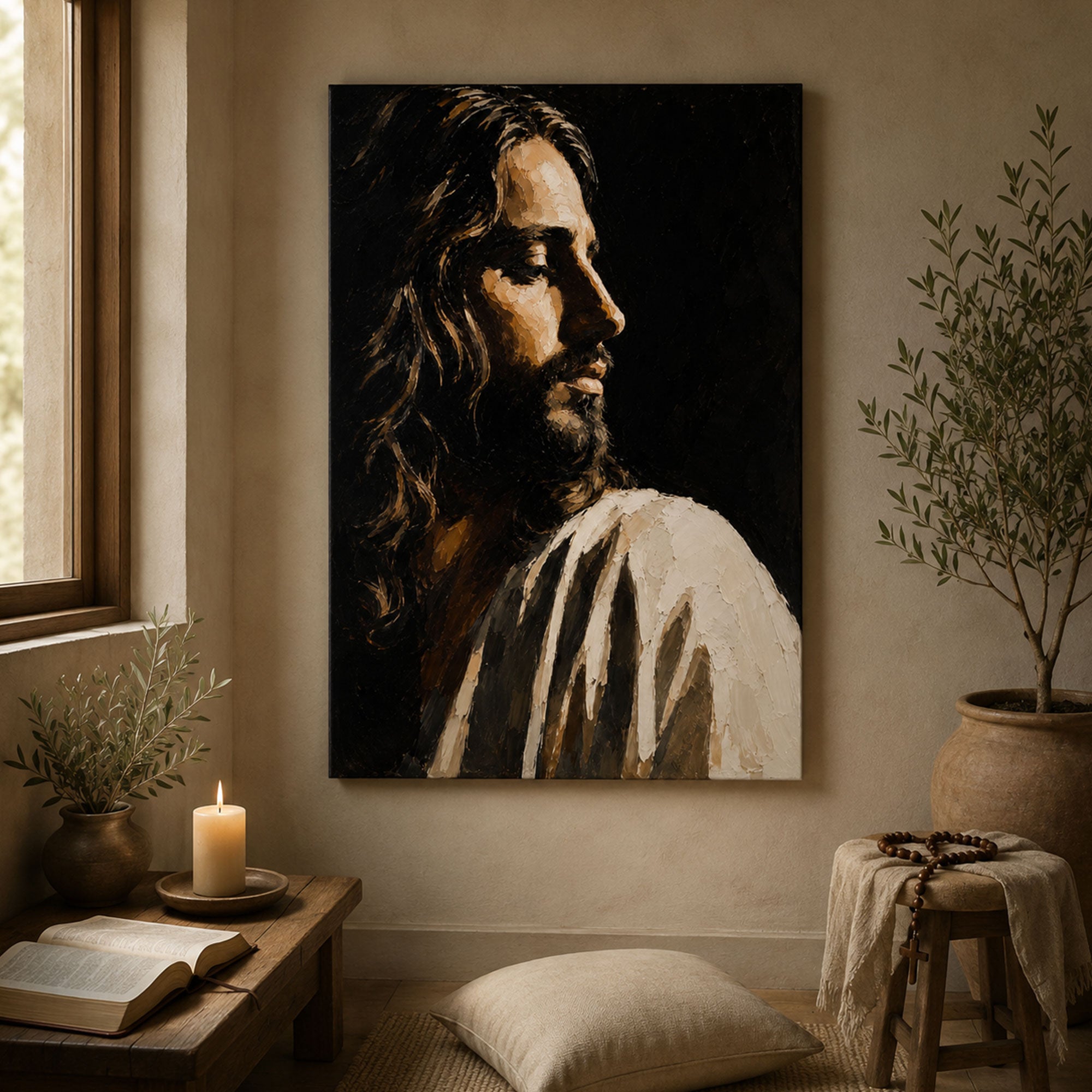 Jesus Profile Portrait Canvas Print, Dark Christian Wall Art, Faith Home Decor