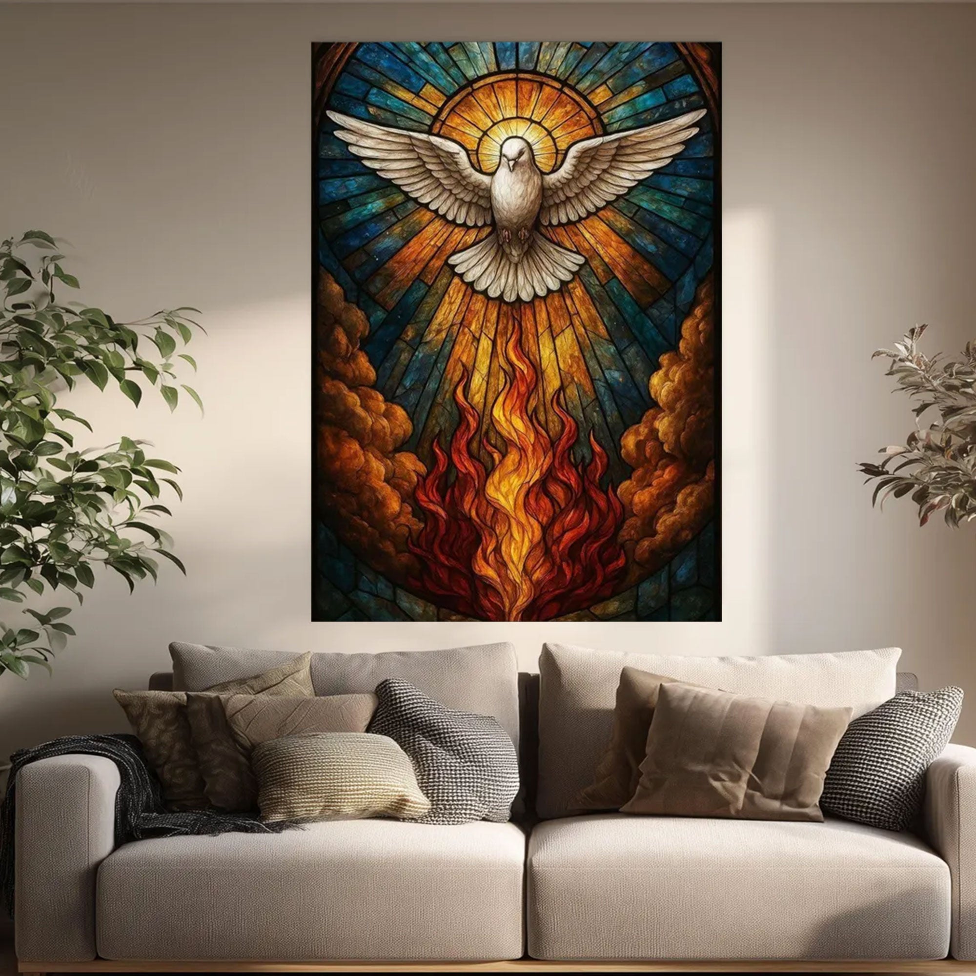 Spiritual Dove Canvas Wall Art, Stained Glass Style Holy Fire and Divine Light, Inspirational Christian Faith Home Decor