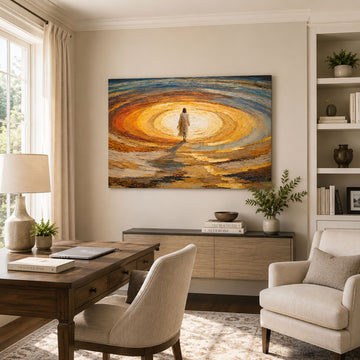 Jesus Walking Into the Light Canvas Print, Abstract Christian Wall Art, Colorful Faith Home Decor Gift