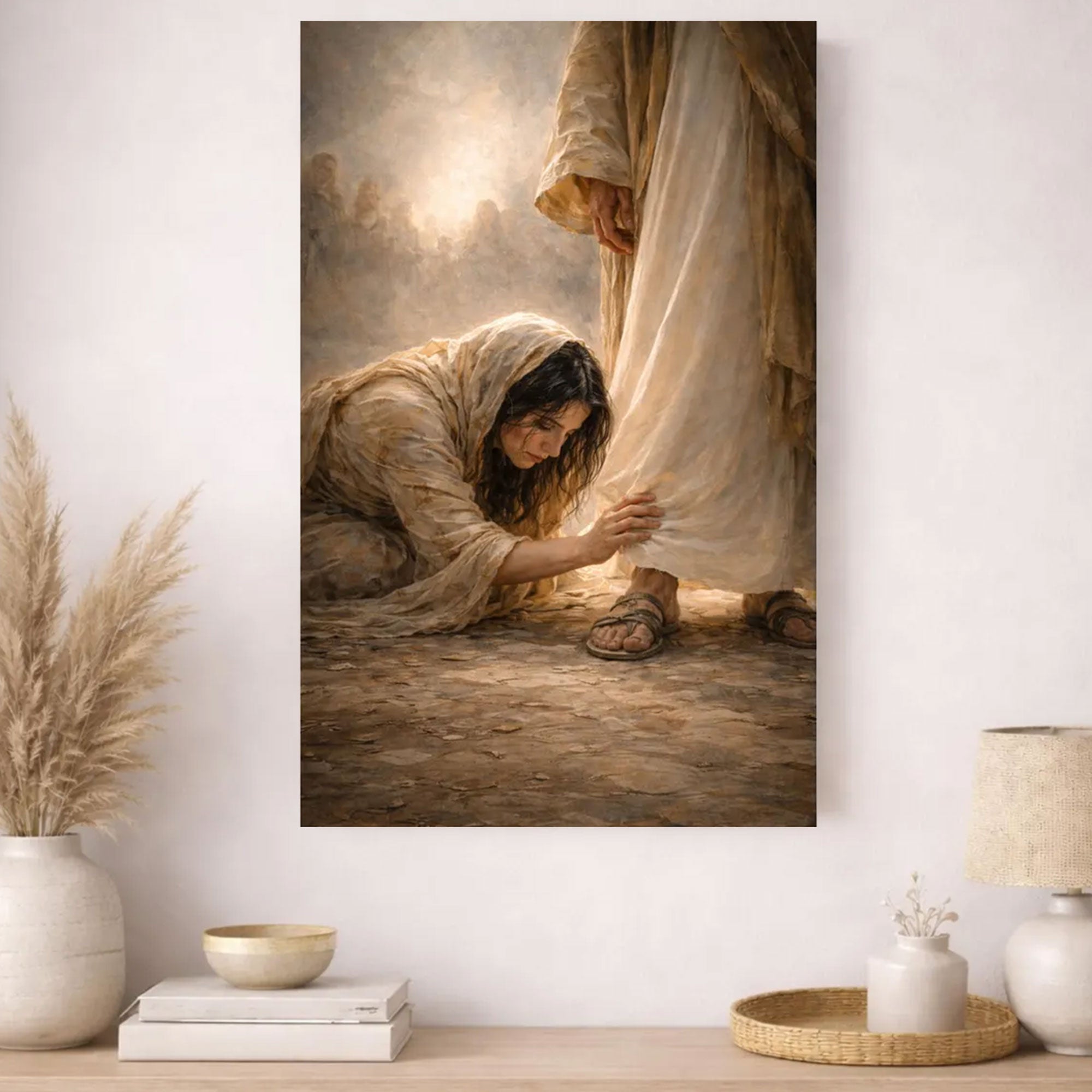 Woman Healed by Faith Christian Wall Art, Jesus Healing Woman Touching the Hem Canvas Print, Modern Catholic Art DecorMary Catholic Art Home Decor