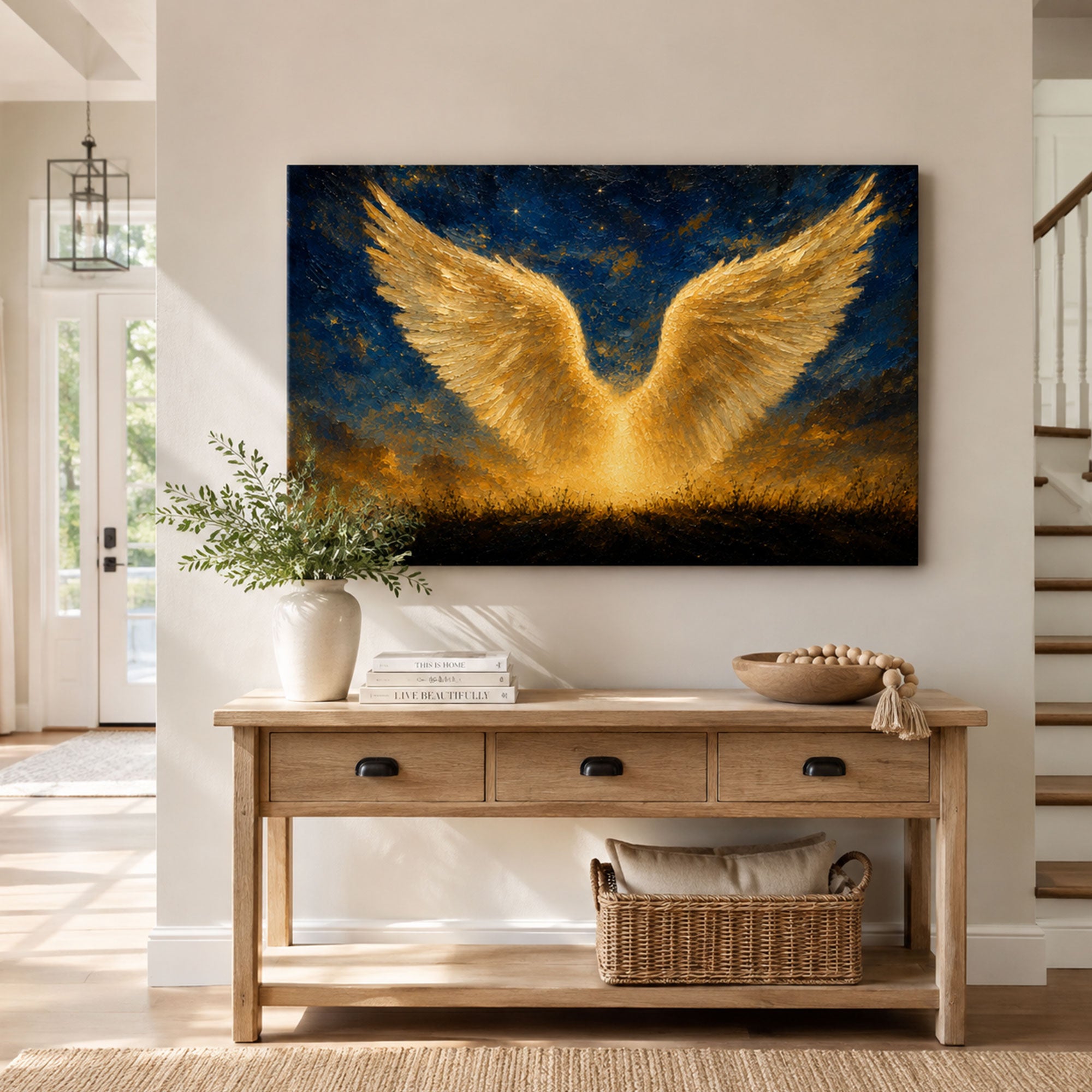 Golden Angel Wings Canvas Print, Guardian Angel Christian Wall Decor, Faith and Protection Gift