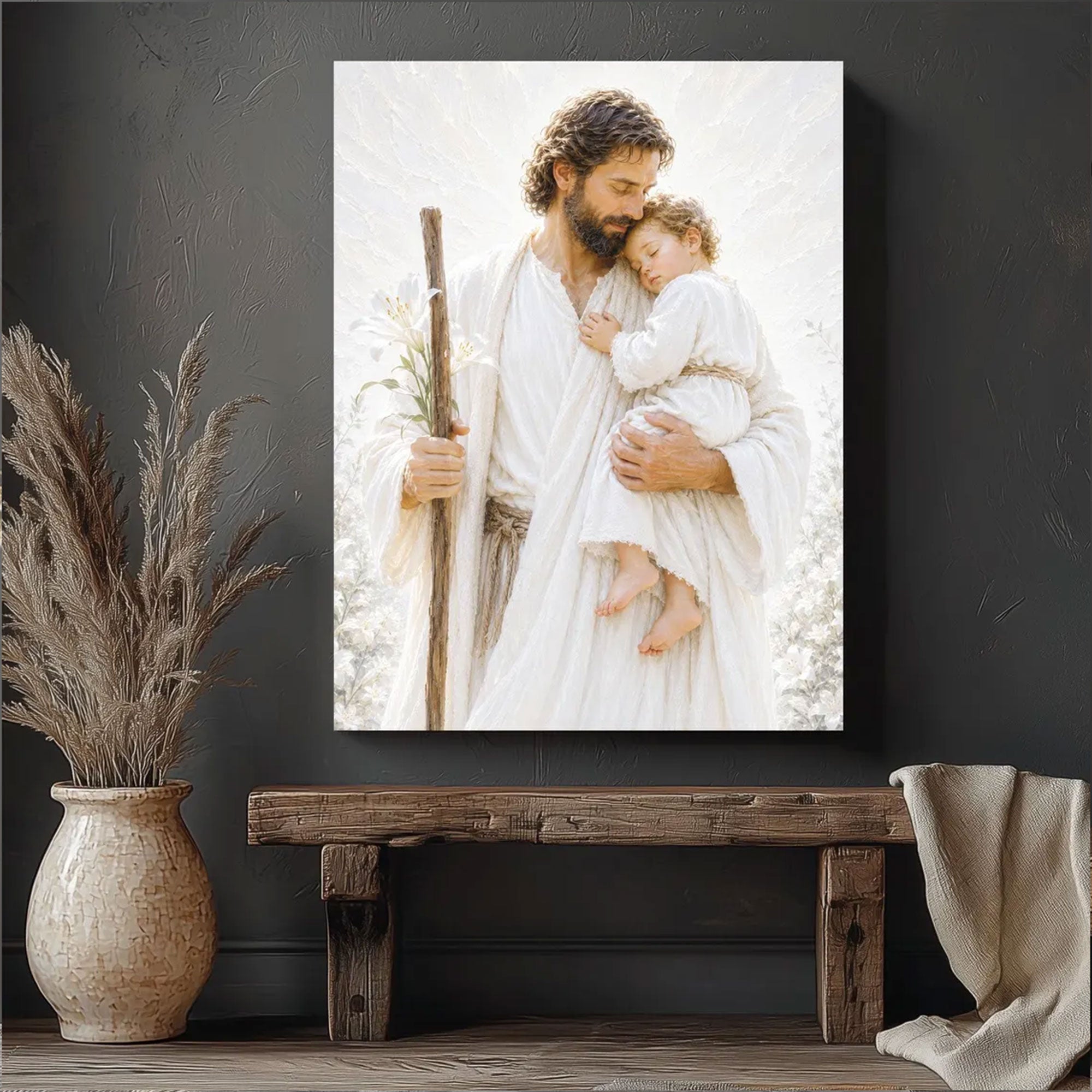 Saint Joseph Holding Baby Jesus Canvas Print, Christian Fatherly Love Wall Art, Peaceful Catholic Home Decor