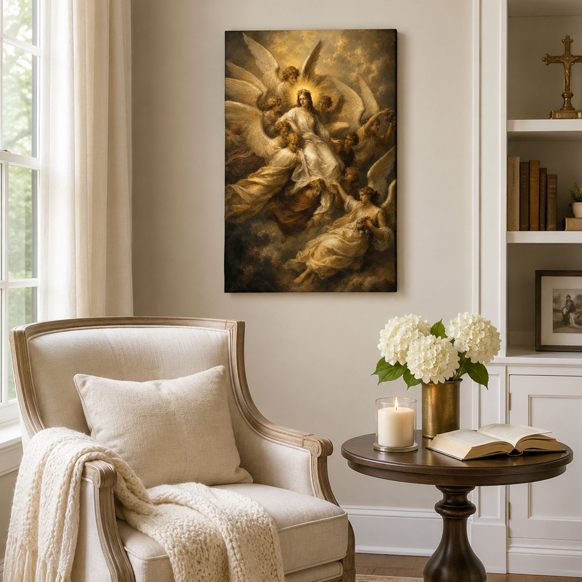Virgin Mary Surrounded by Angels Canvas Print, Catholic Home Decor