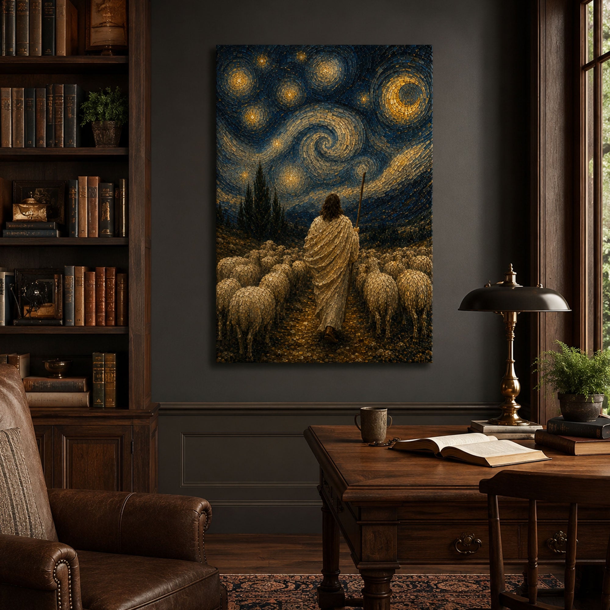 Good Shepherd Starry Night Canvas Print, Jesus with Sheep Christian Wall Art, Faith Home Decor Gift