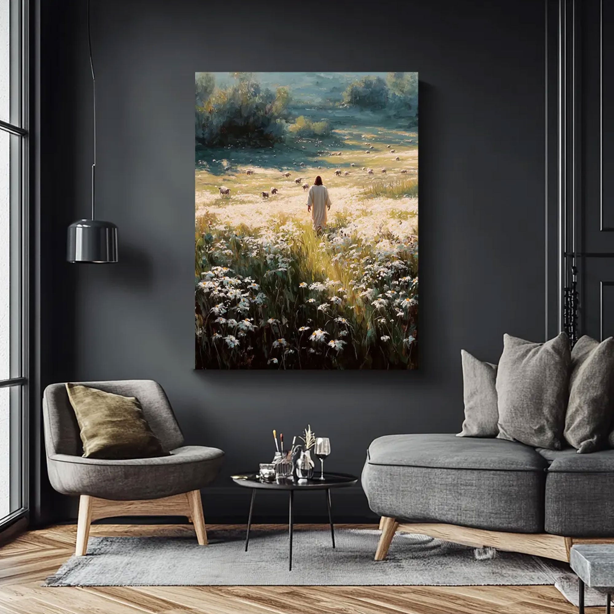 Good Shepherd Jesus Canvas Print, Jesus in Daisy Meadow Wall Art, Christian Faith Home Decor