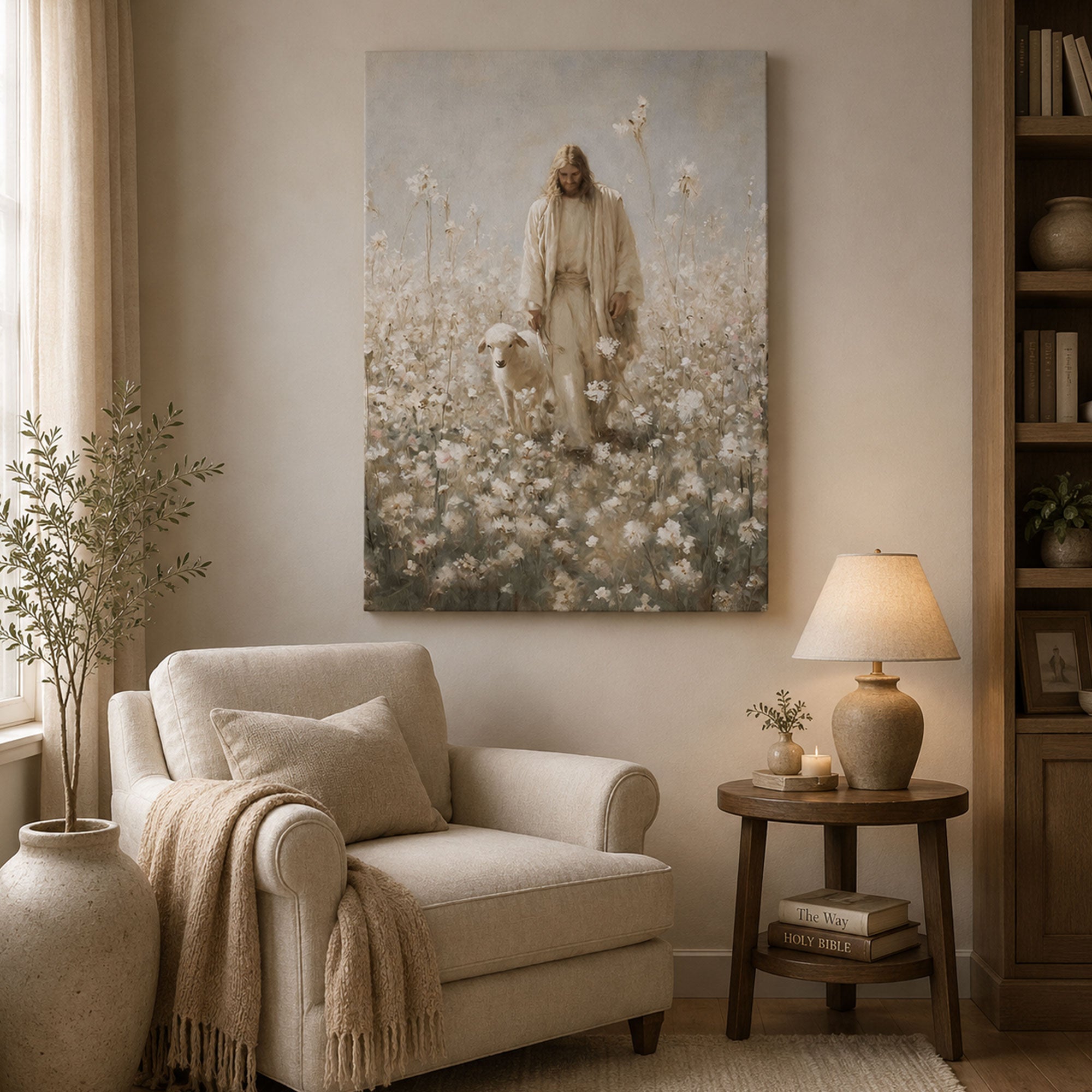 Jesus the Good Shepherd Canvas Print, Walking with Lamb in Wildflower Field, Neutral Christian Wall Art, Religious Home Decor, Faith Inspired Gift