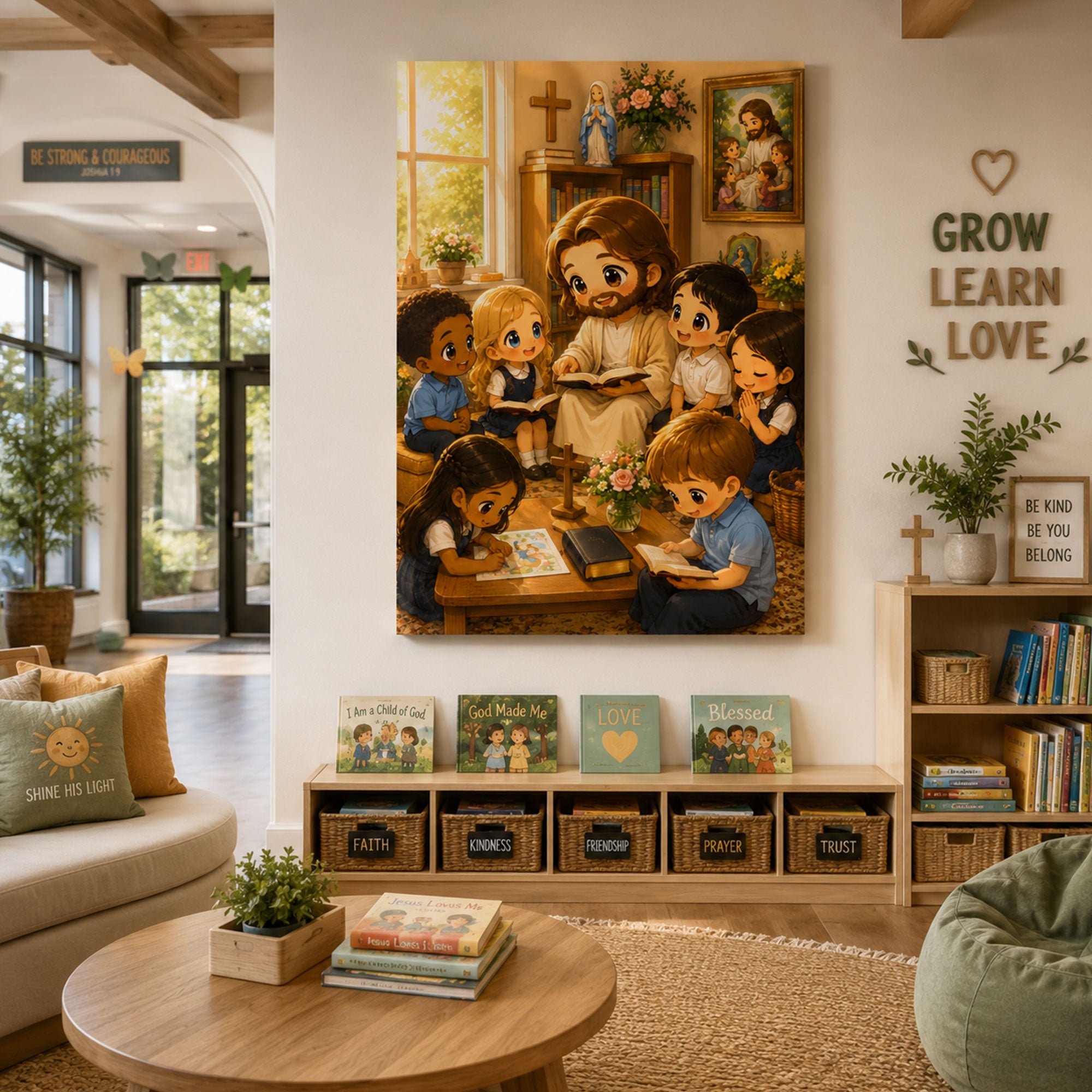 Jesus Teaching Children Canvas Print Cute Chibi Catholic Kids Wall Art Christian Classroom Nursery Decor