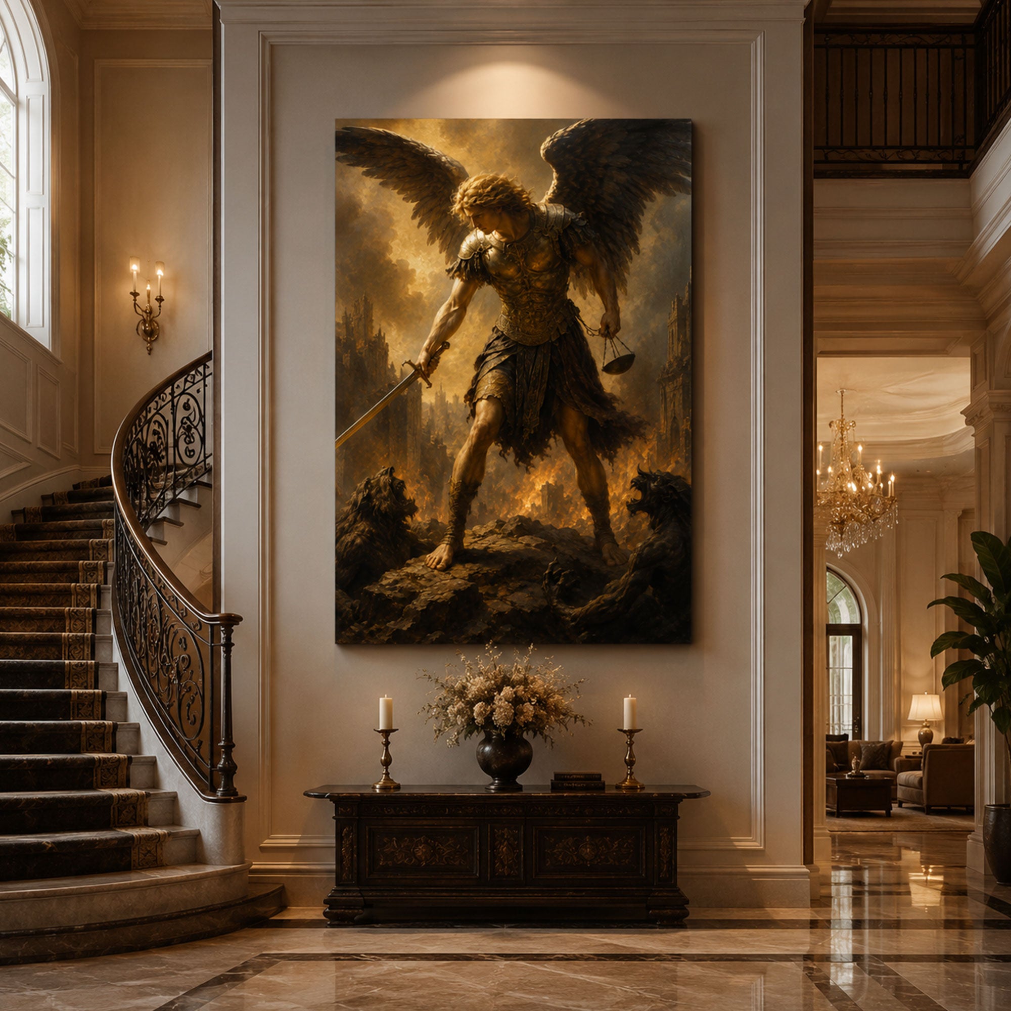 Saint Michael with Sword and Scales Canvas Print, Catholic Archangel Wall Art, Faith Home Decor Gift